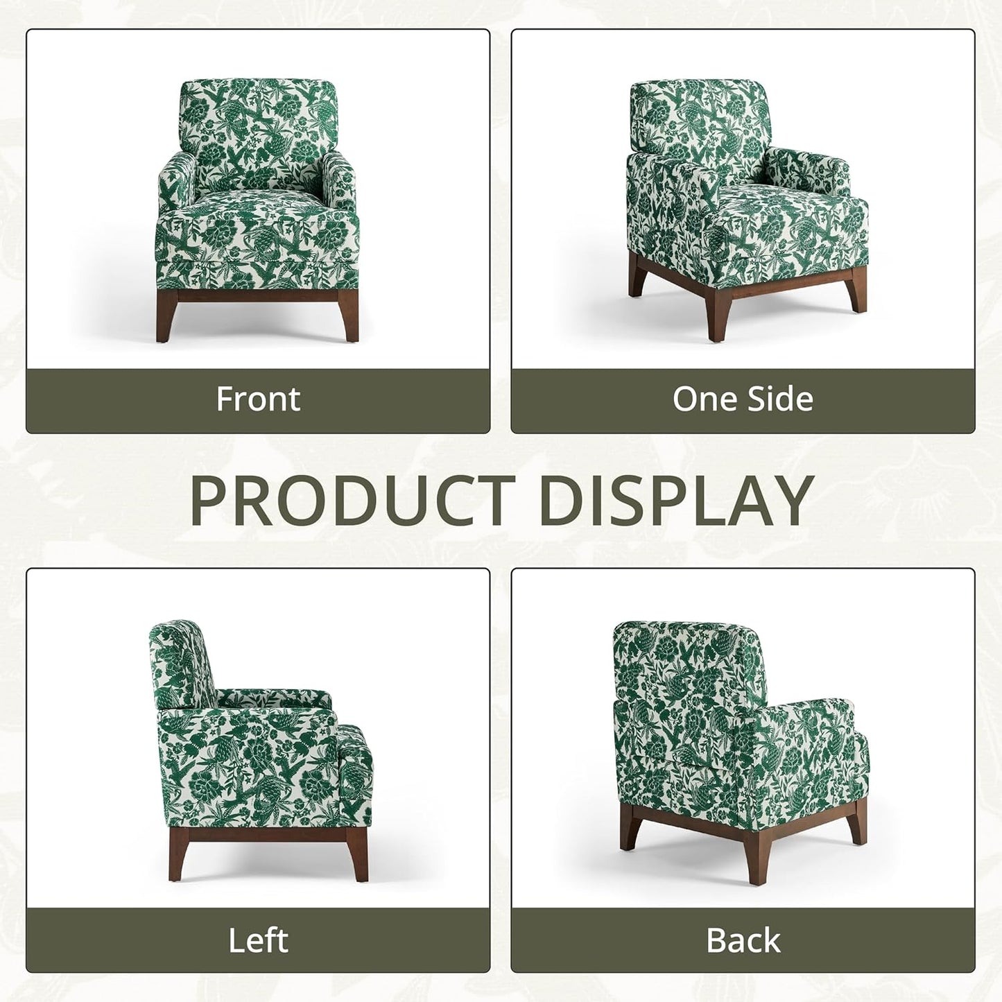 Floral Accent Armchair, Retro Wingback Upholstered Armchair with Wide Dipped Back Design and Wooden Legs, High Back Armchair, Leisure Single Sofa Chair for Living Room, Bedroom, Balcony, Green