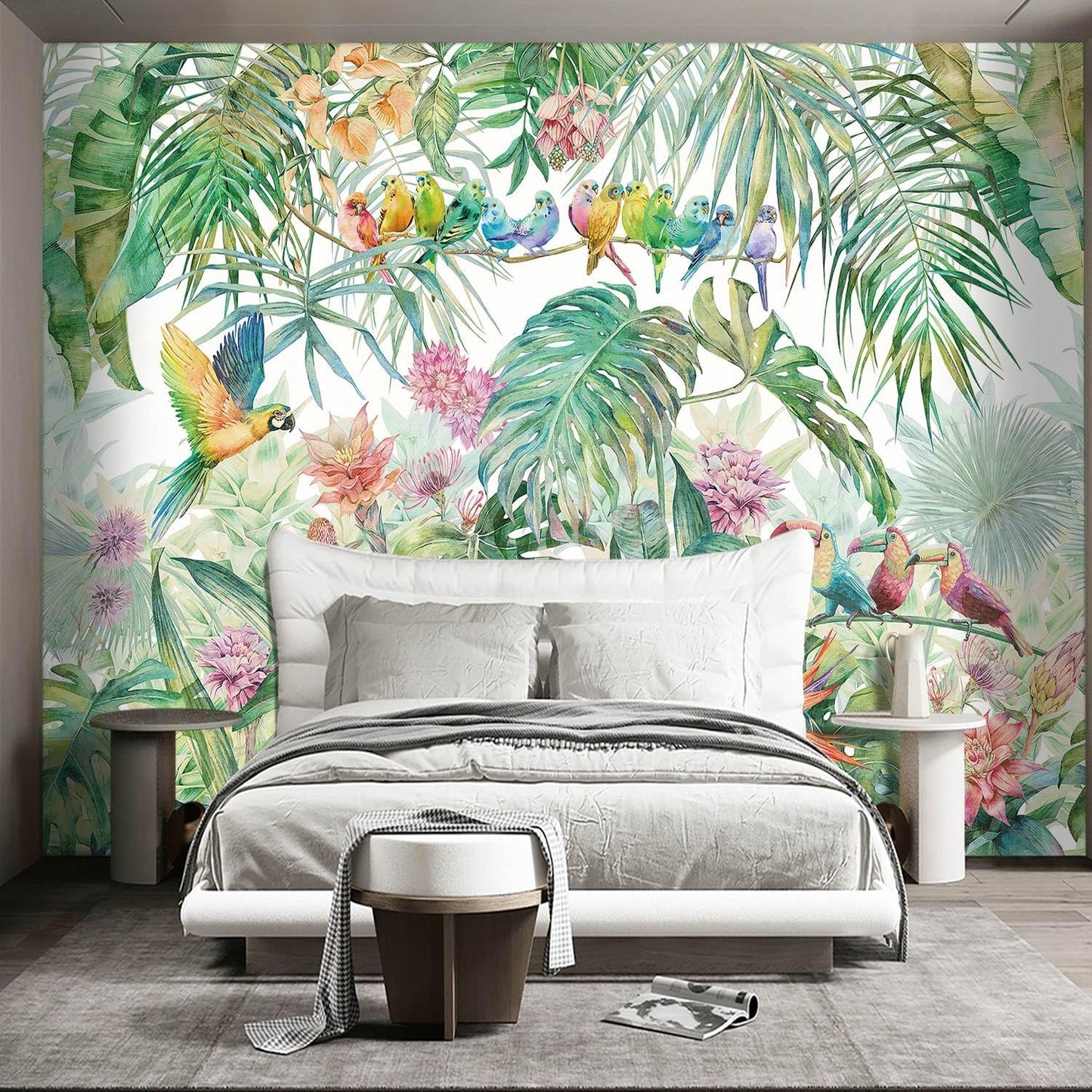 Tropical Green Botanical Flower Birds Leaf Wallpaper Bedroom Plant Floral Mural Room Decor Living Room tv Background Large Wall Mural - 91"x65" (Not Peel and Stick)