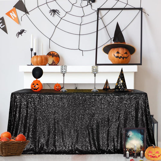 SquarePie Sequin Tablecloth 90 x 156 Inch Black Sparkly Table Linen for Wedding Halloween Party