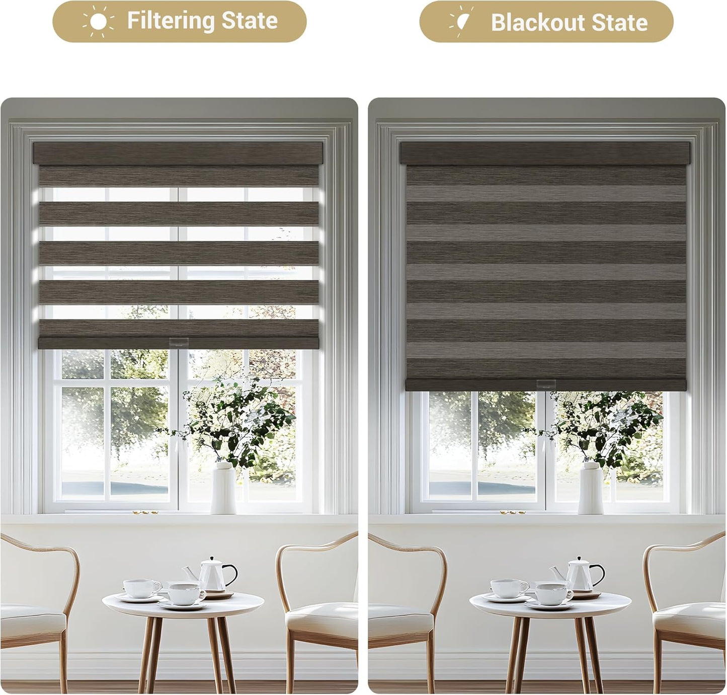 Cordless Zebra Blinds for Windows, Blackout Interior Blinds,Easy to Install,UV Protection,for Offices and Home,Custom Roller Shades, Mousse Dark Bown,24" W x 56" H