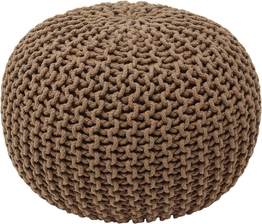Ornavo Home Pouf Ottoman Foot Rest - 100% Cotton Pouffe - Hand Knitted Cable Braid Cord - Boho Round Stuffed Ottoman for Living Room, Bedroom - Taupe/Brown