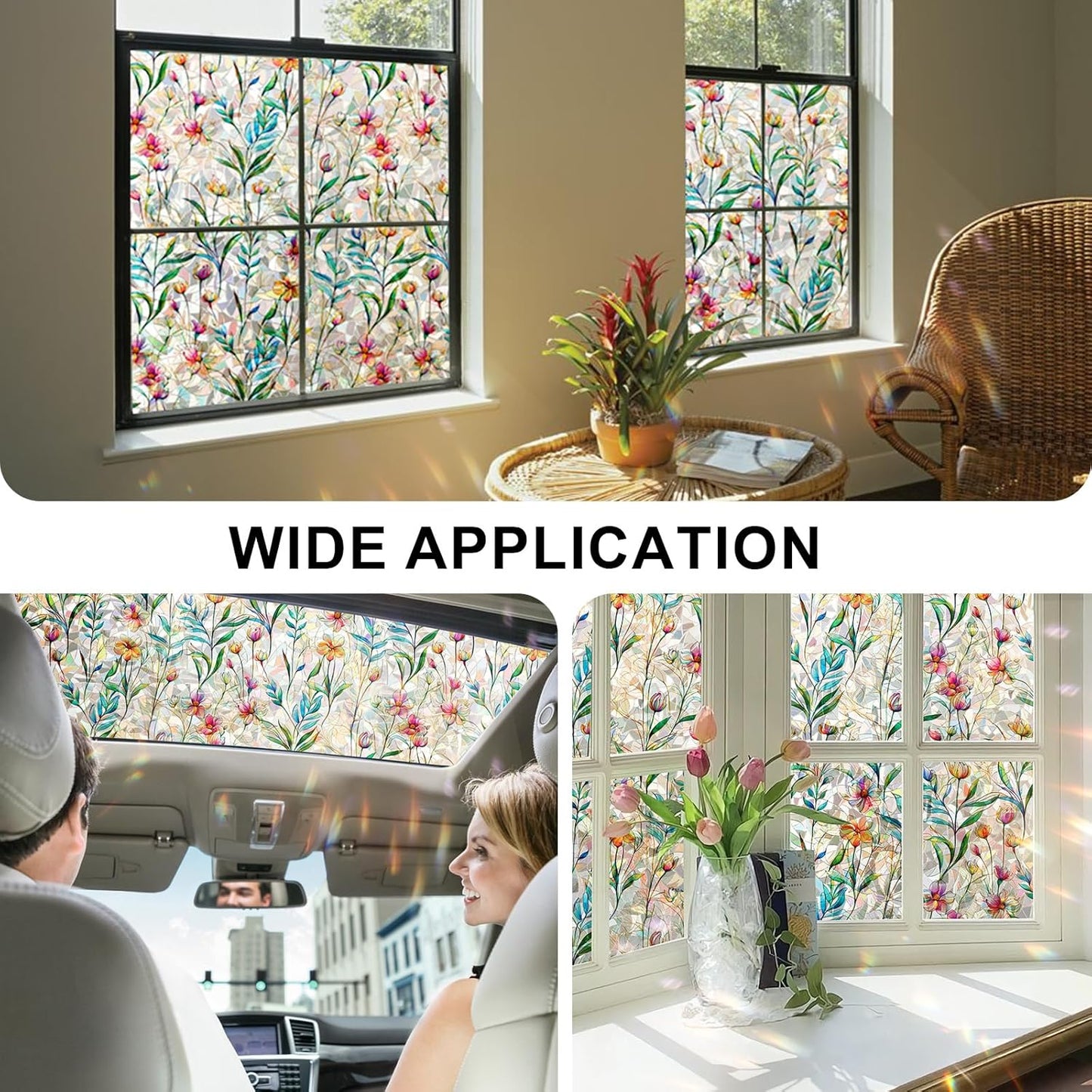 Rainbow Window Privacy Film 3D Floral Decorative Stained Glass Window Film Anti UV Non-Adhesive Reusable 17.5" x 157.4" for Home Room Car Glass Cling