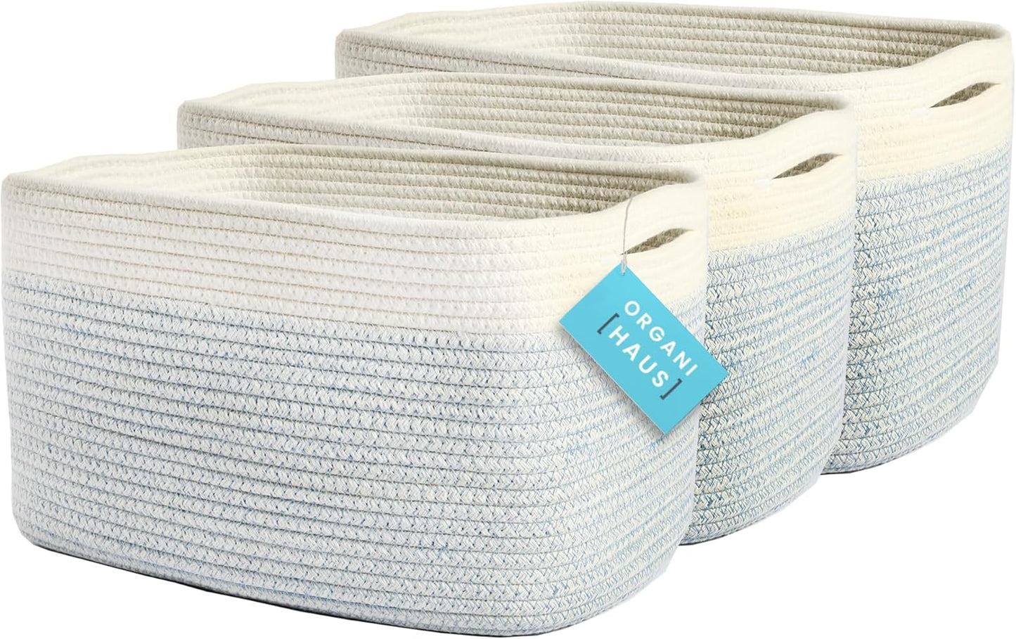OrganiHaus Set of 3 Woven Storage Baskets for Organizing, Cotton Rope Organizer Bins for Shelves, Closet & Nursery, Dog Toy Basket, Decorative Bins for Toys, Towels & Books - 15x10x9, Blue/Off-White