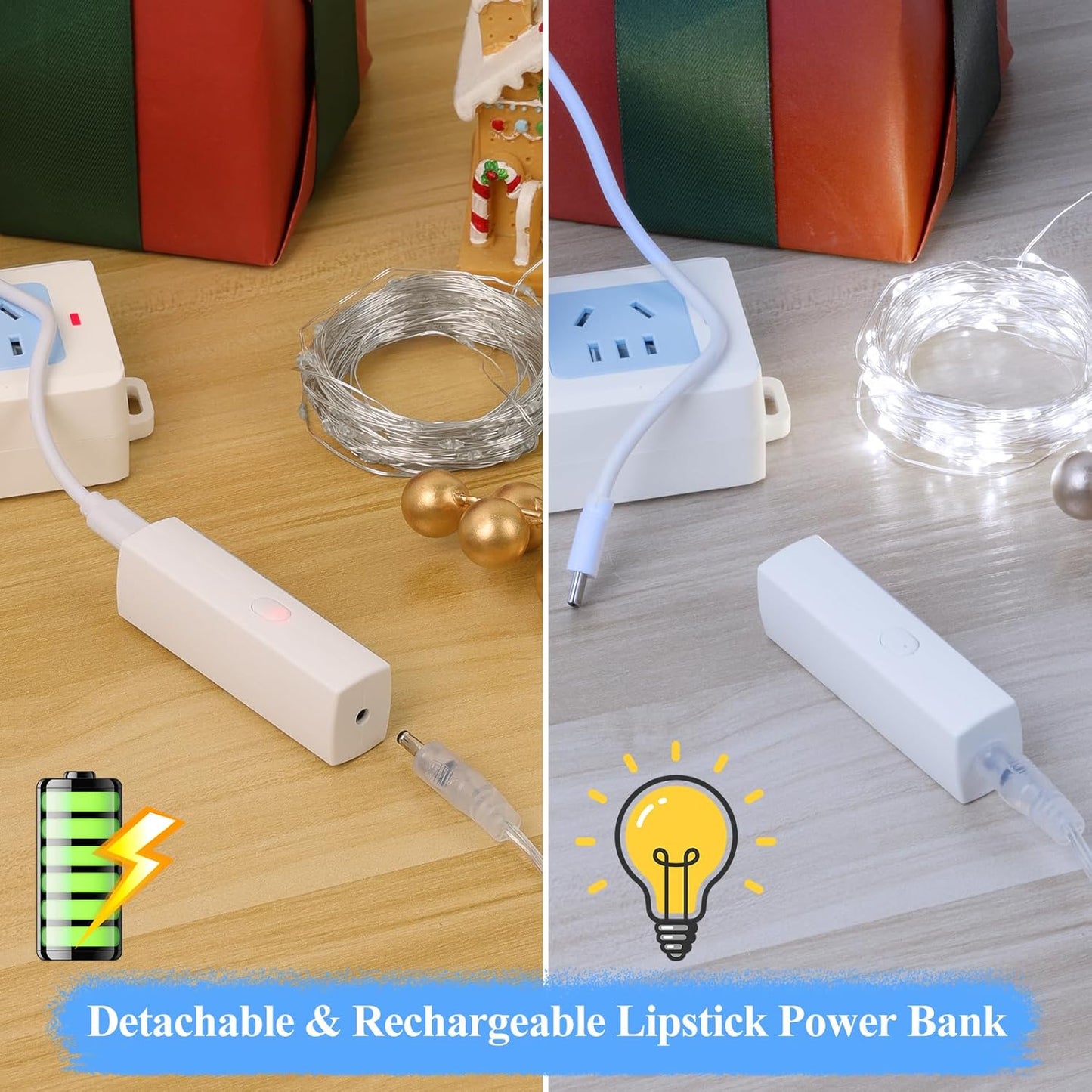 Lakumu 32FT(16 * 2) Fairy Lights Battery Operated, Rechargeable String Lights with Timer, LED Twinkle Lights for Bedroom, Christmas Decorations, Wedding, Vine, Centerpiece Table Decor Cool White