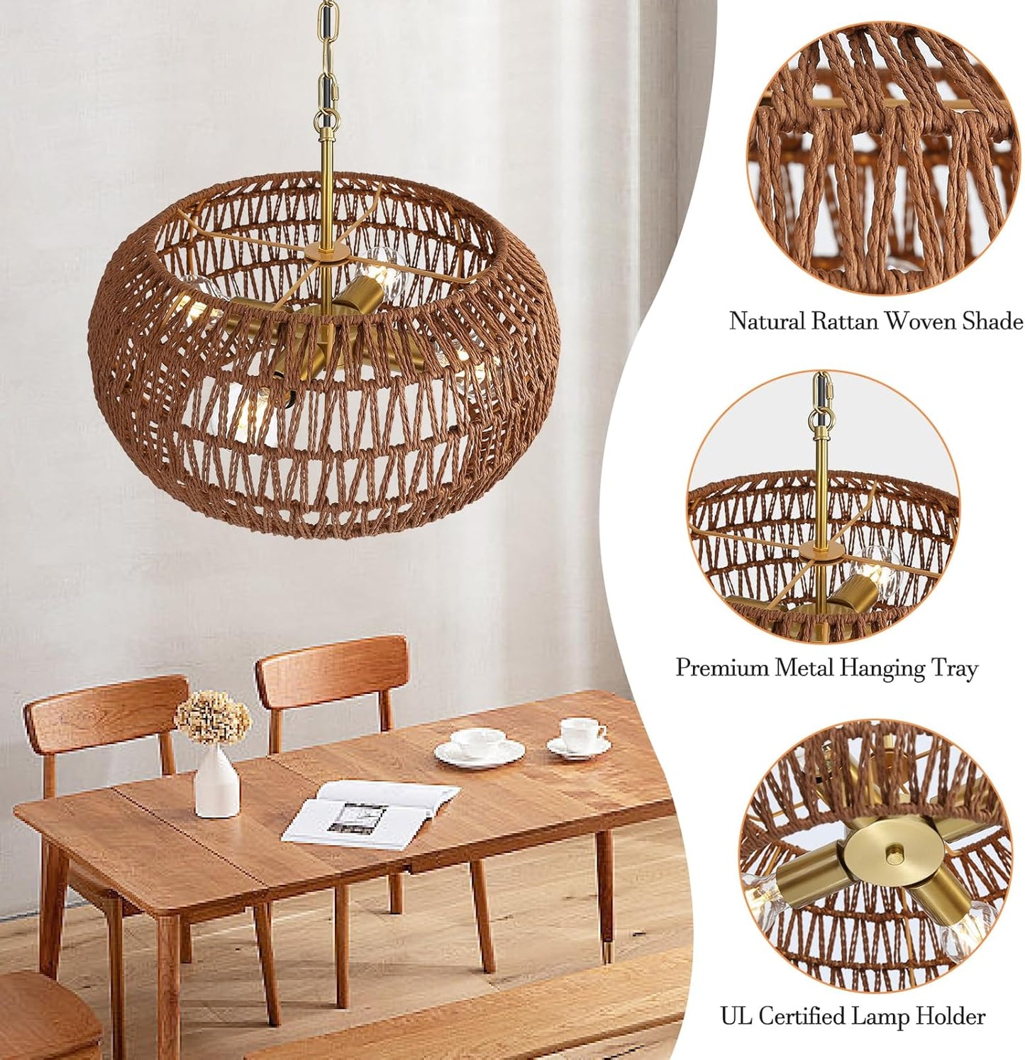 Boho Decor Pendant Light Kitchen Island,Rattan Chandeliers for Dining Room Light Fixture,Modern Farmhouse Decor Hanging Lights for Bedroom Living Room