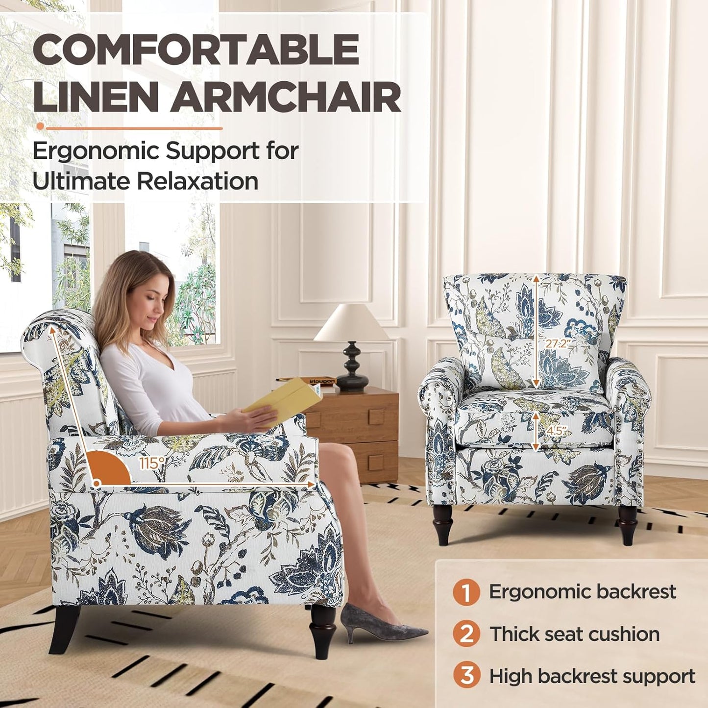 Wingback Accent Chair with Removable Pillow, High Back Floral Armchair with Solid Wood Legs & Nailhead Trim, Comfy Upholstered Reading Single Sofa Chair for Bedroom (2, Blue Floral Pattern)