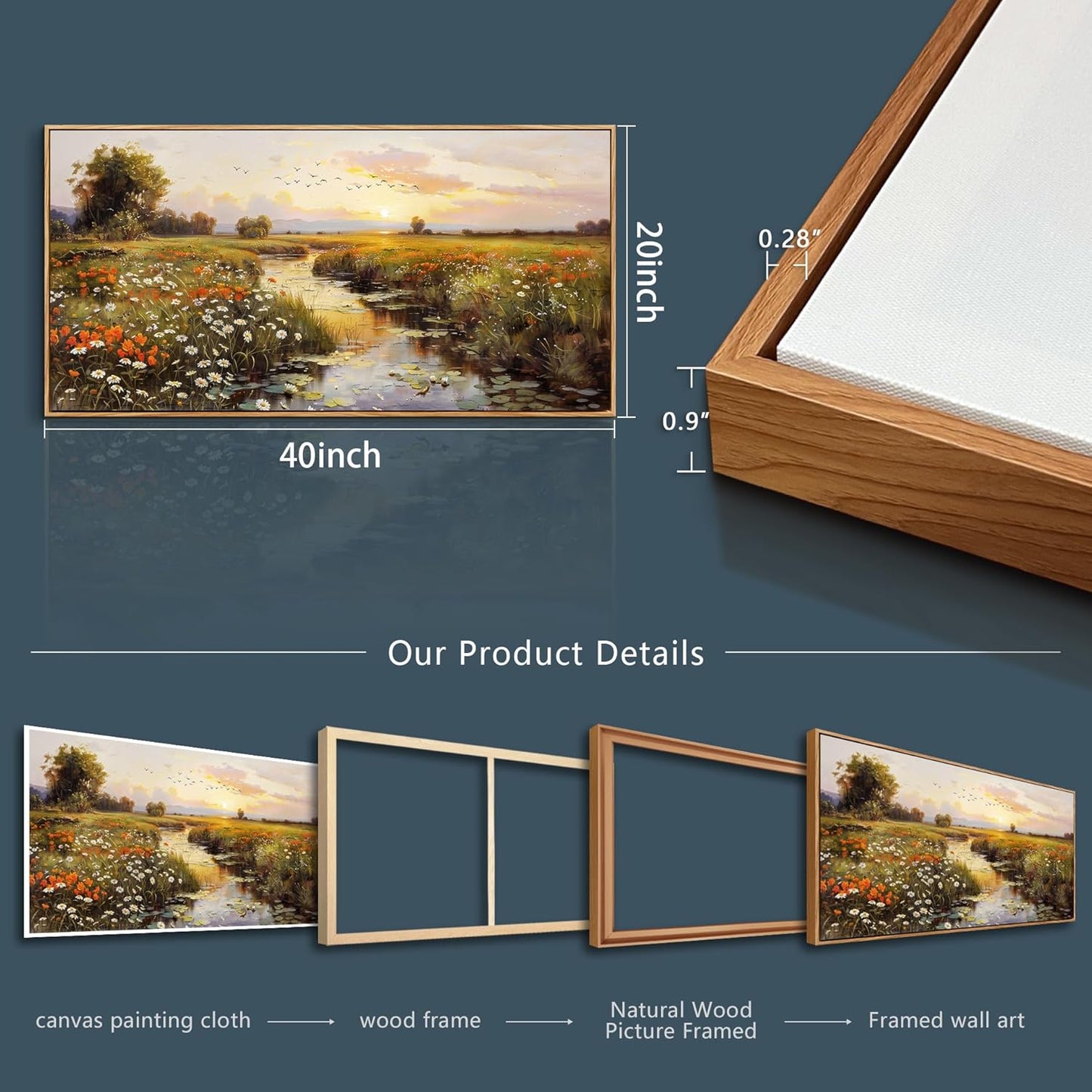 PHAOHUAXM Large Wall Art For Living Room Canvas Wall Decor For Bedroom Watercolour Painting Office Decoration Countryside Sunrise Scenery Wall Picture Ready To Hang Home Decor Wood Framed 20x40 In