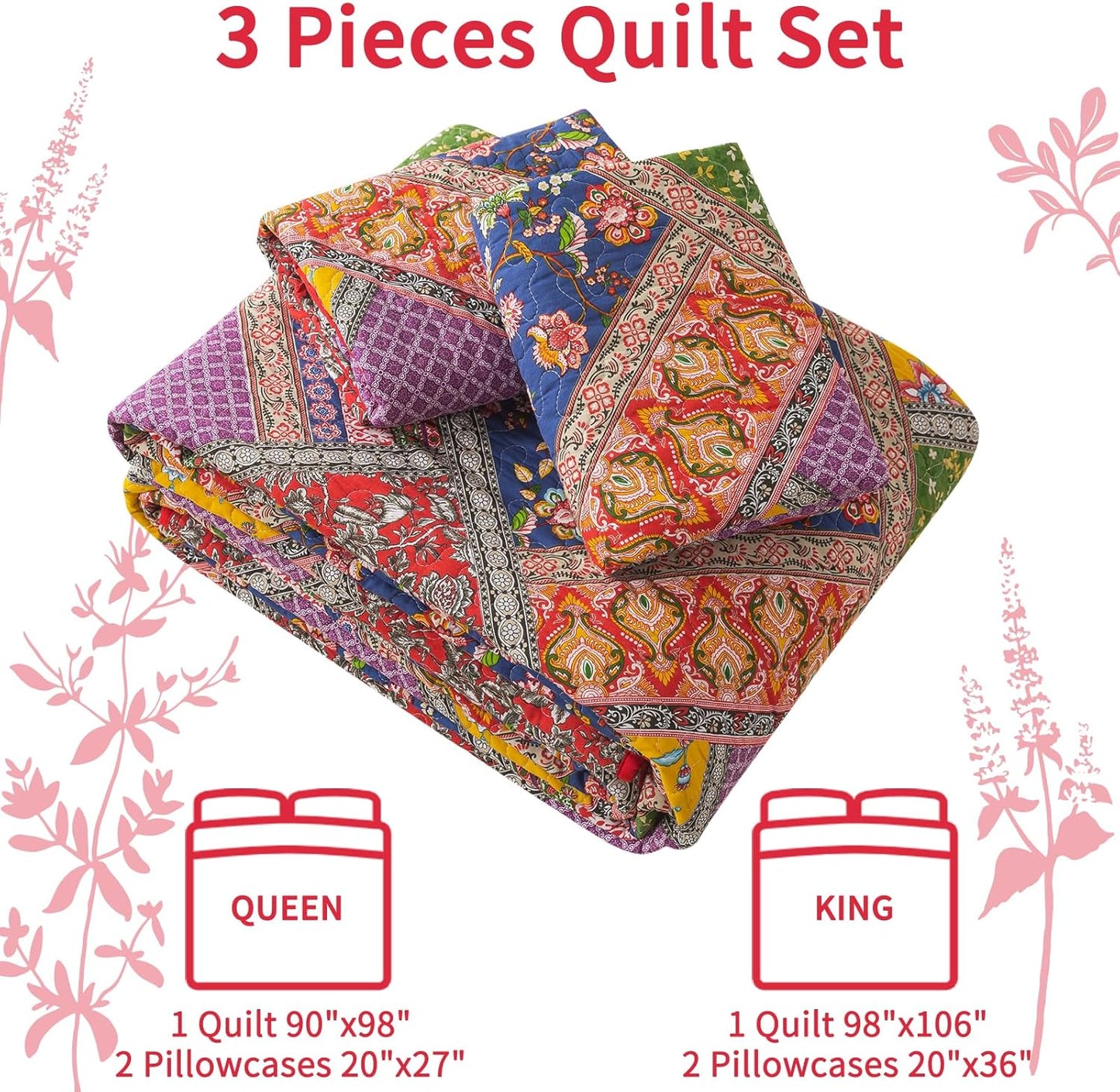 VAPUTAR Cotton Quilt Queen Size Set, Quilted Bedspread Coverlet (90 * 98 Inch) with 2 Pillowcovers, 3 Pieces Lightweight Farmhouse Style with Patchwork Design Queen Quilt Bedding Set for All Season