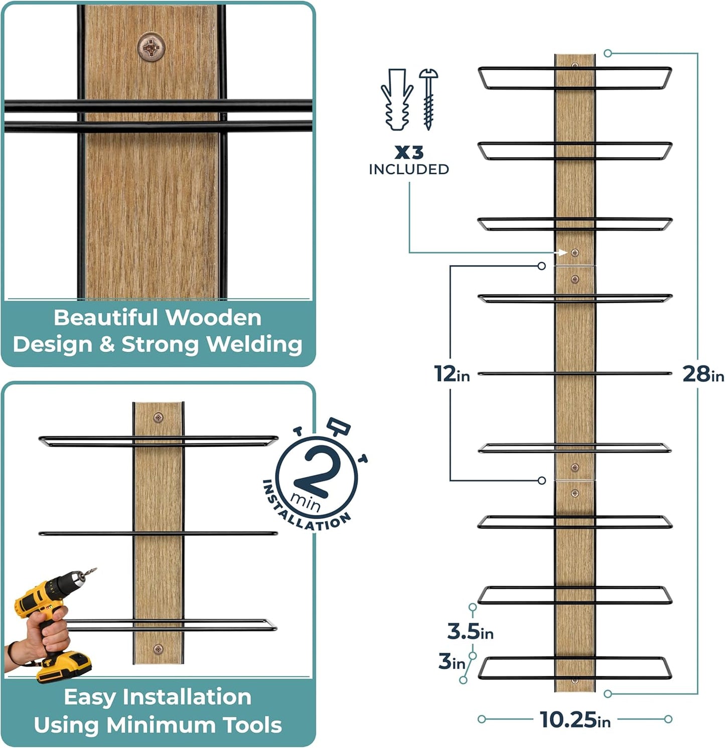 Sorbus Wall Mounted Wine Rack - Wood Wine Rack Wall Mounted for Bottles, Liquor, Champagne - Black Metal Wine Bottle Holder for Home Bar (Set of 3)