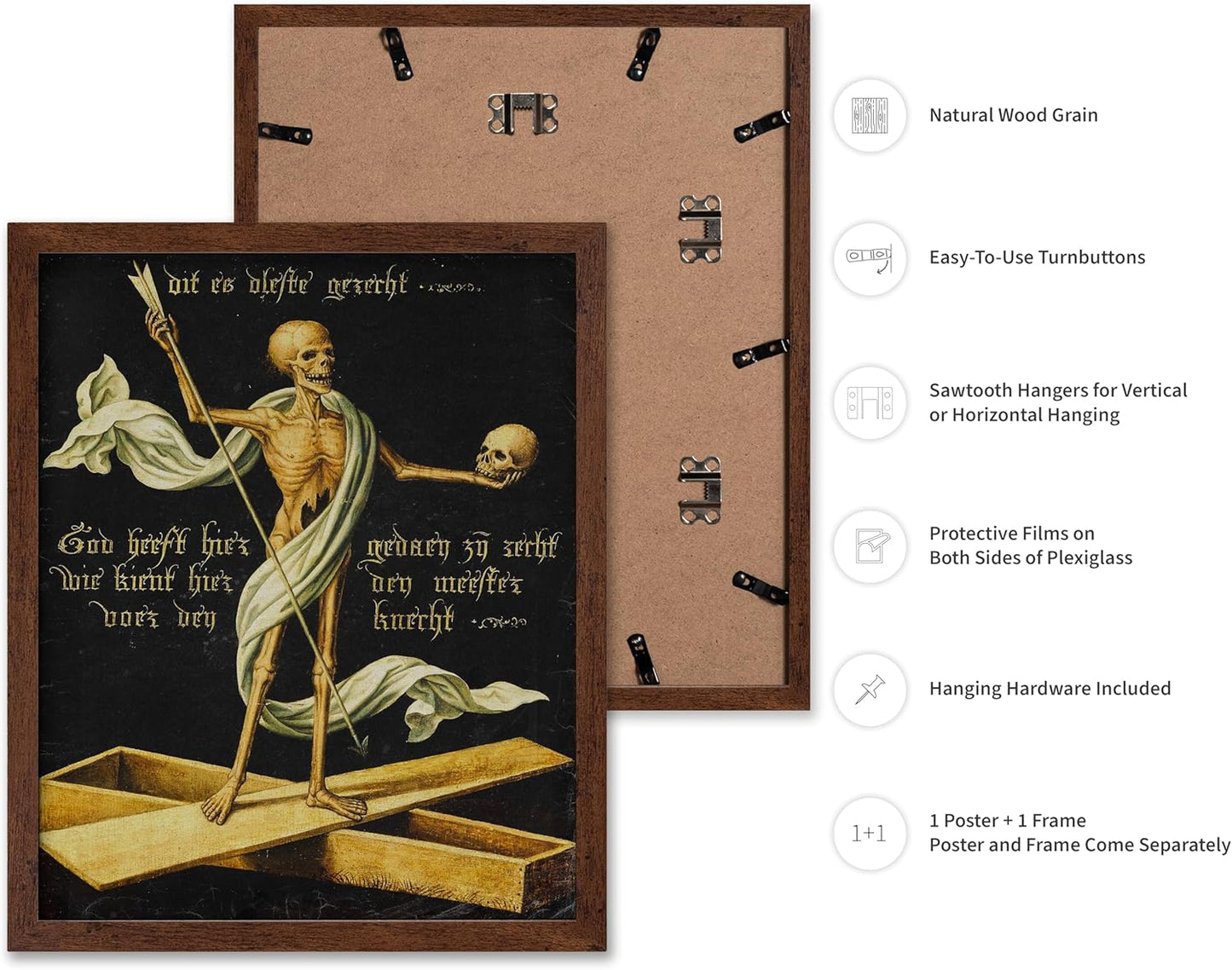 Poster Master Vintage Medieval Poster - Retro Gothic Print - Gift for Artist, Friend - Allegory of Life and Death, Skeleton, Dark, Skull - Wall Decor for Home, Living Room, 11x14 Brown Framed