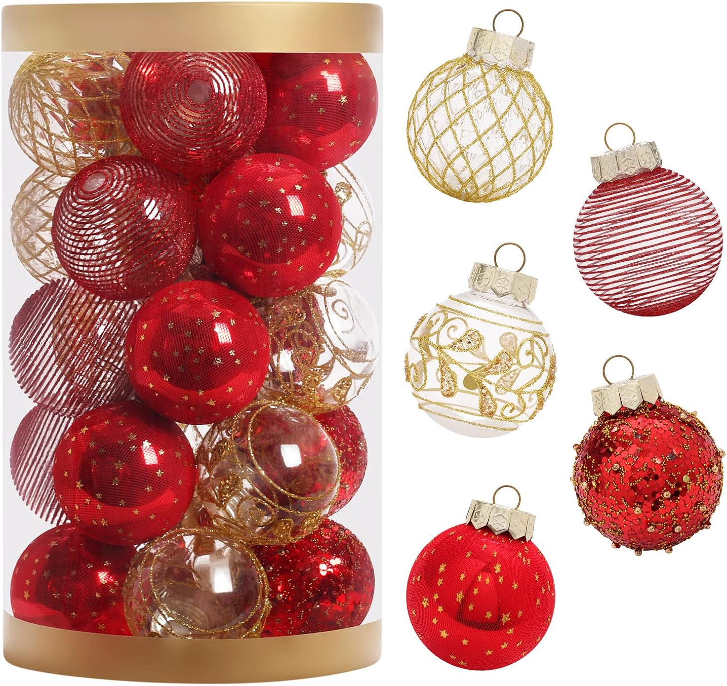 25PCS Christmas Ornaments Set, 2.36"/6CM Clear Plastic Shatterproof Christmas Ball Hanging Ornaments for Xmas Tree Decorations, for Indoor Home Party Holiday Decor - Red/Gold.