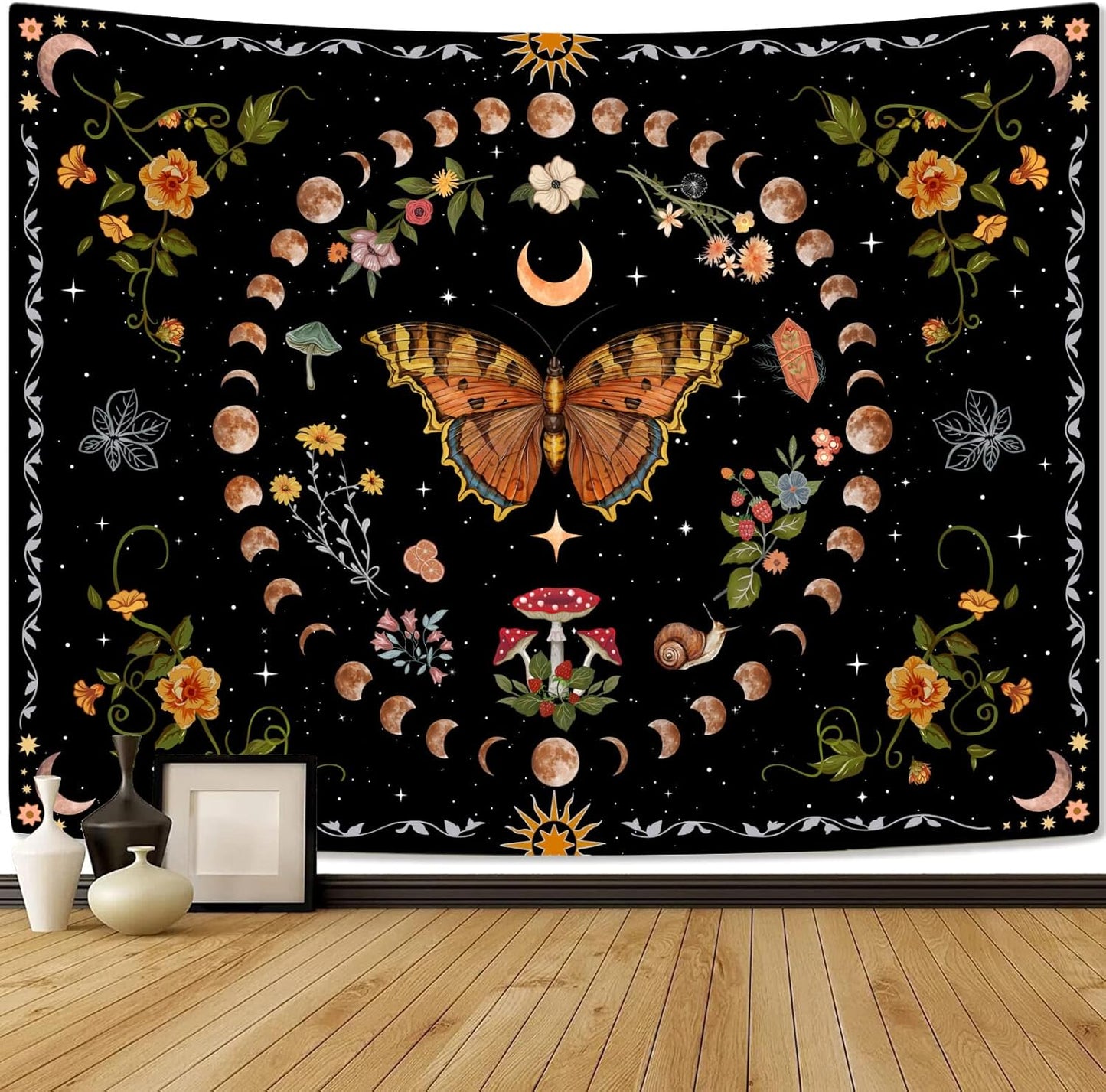 Aipon Orange Butterfly Moon Flower Tapestry Botanical Floral Plant Boho Tapestry for Bedroom Aesthetic Vintage Tapestries Wall Hanging for Living Room Dorm (68.00'' × 90.00'', Orange)