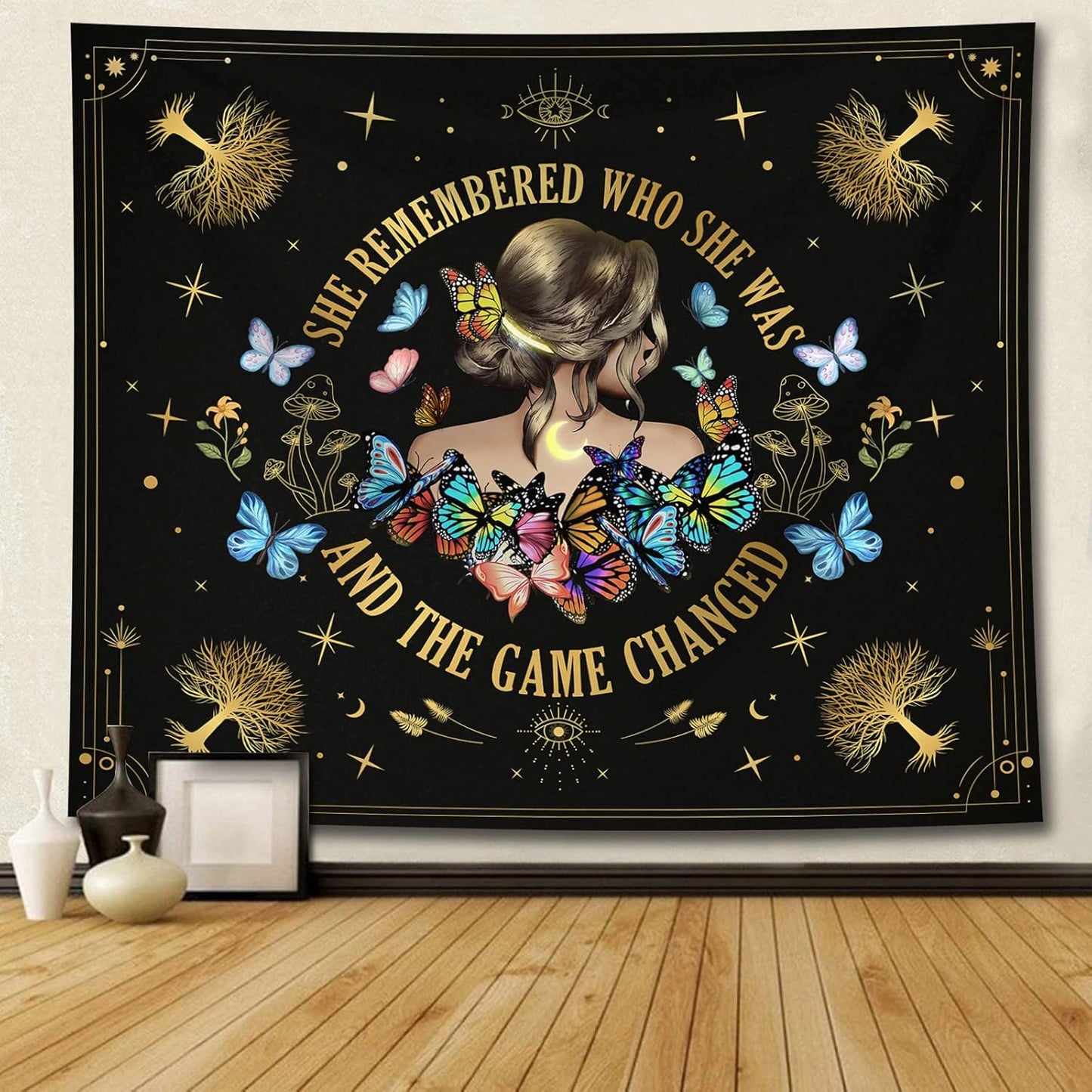Bapcoku She Remembered Who She Was And The Game Changed Positive Quotes Tapestry Inspirational Gift Wall Decor for Bedroom,Uplifting Encouragement Gifts Butterfly Gifts for Women Teens Girls 60x50in
