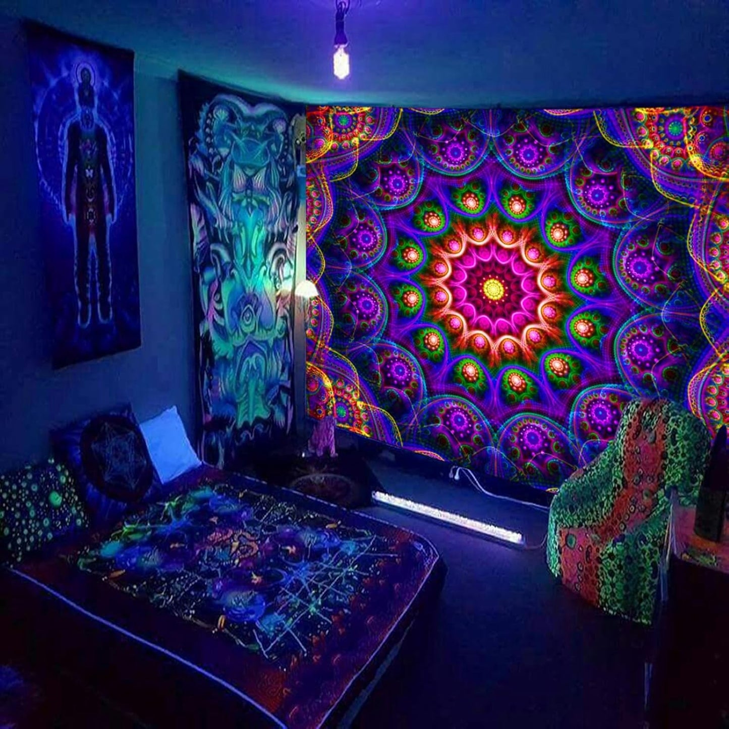 Blacklight Trippy Mandala Tapestry, Boho Black Light Posters for Adults UV Reactive Room Decor for Bedroom Wall (60 x 50 Inches)