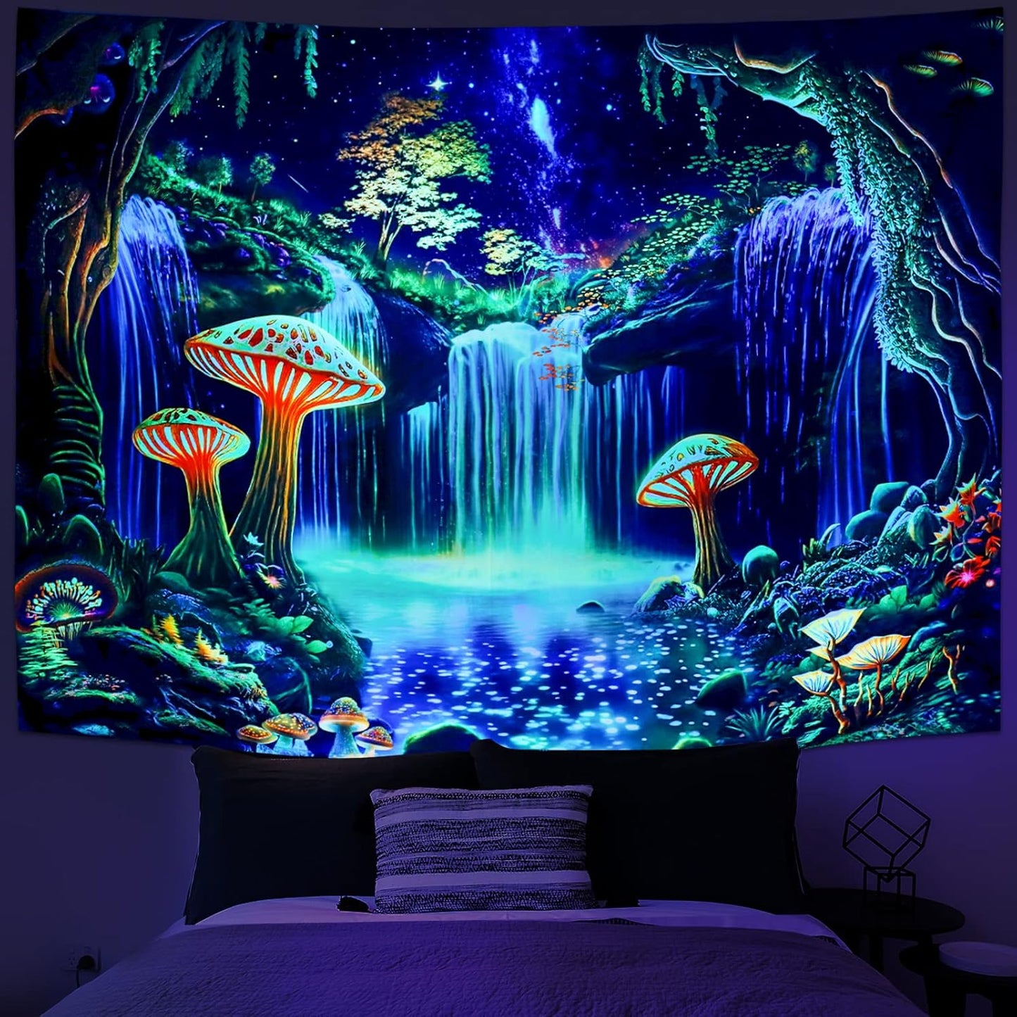 Ameyahud Blacklight Fantasy Forest Tapestry UV Reactive Waterfall Tapestries Starry Sky Tapestry Neon Nature Plant Wall Hanging Decor for Home