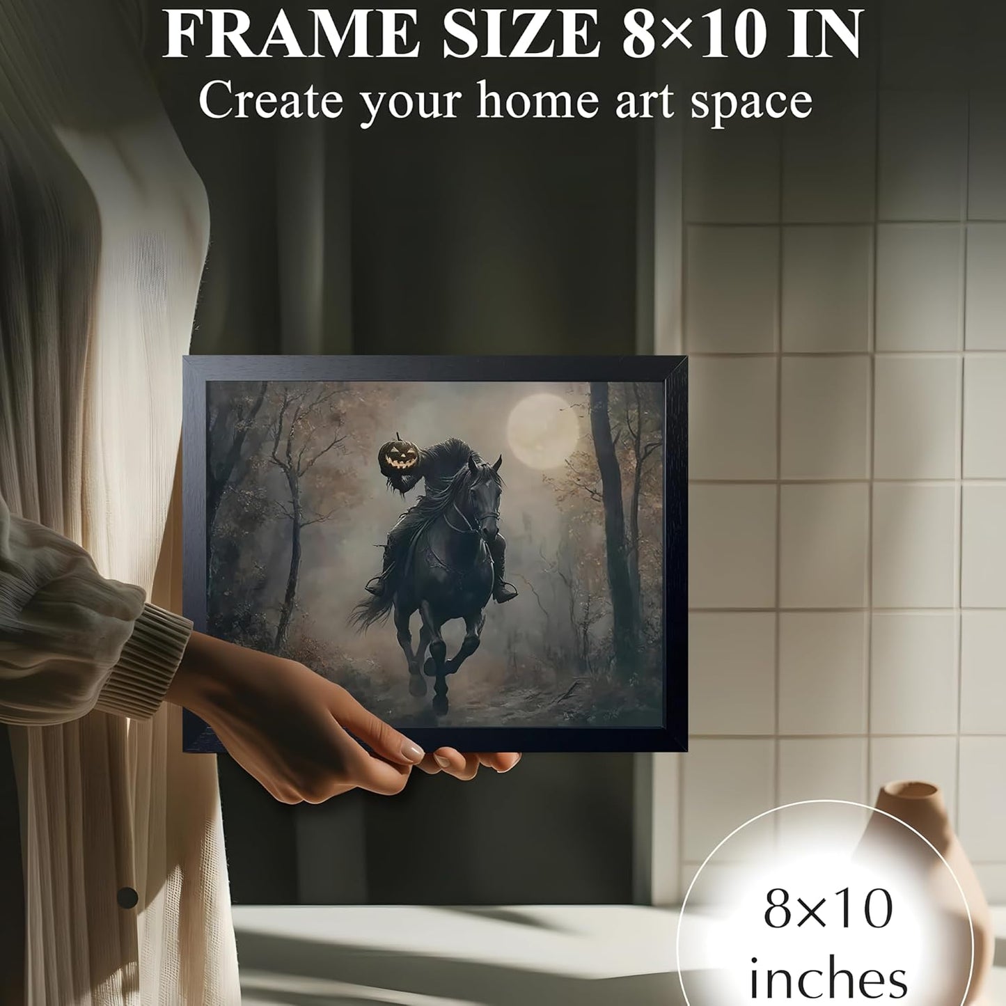 Black Wood Framed Halloween Canvas Wall Art Painting, Headless knight holding a pumpkin lantern Wall Decor, Vintage Dark Academia Gothic Poster Print, for Living Room Bedroom Office Decor 8x10 Inch