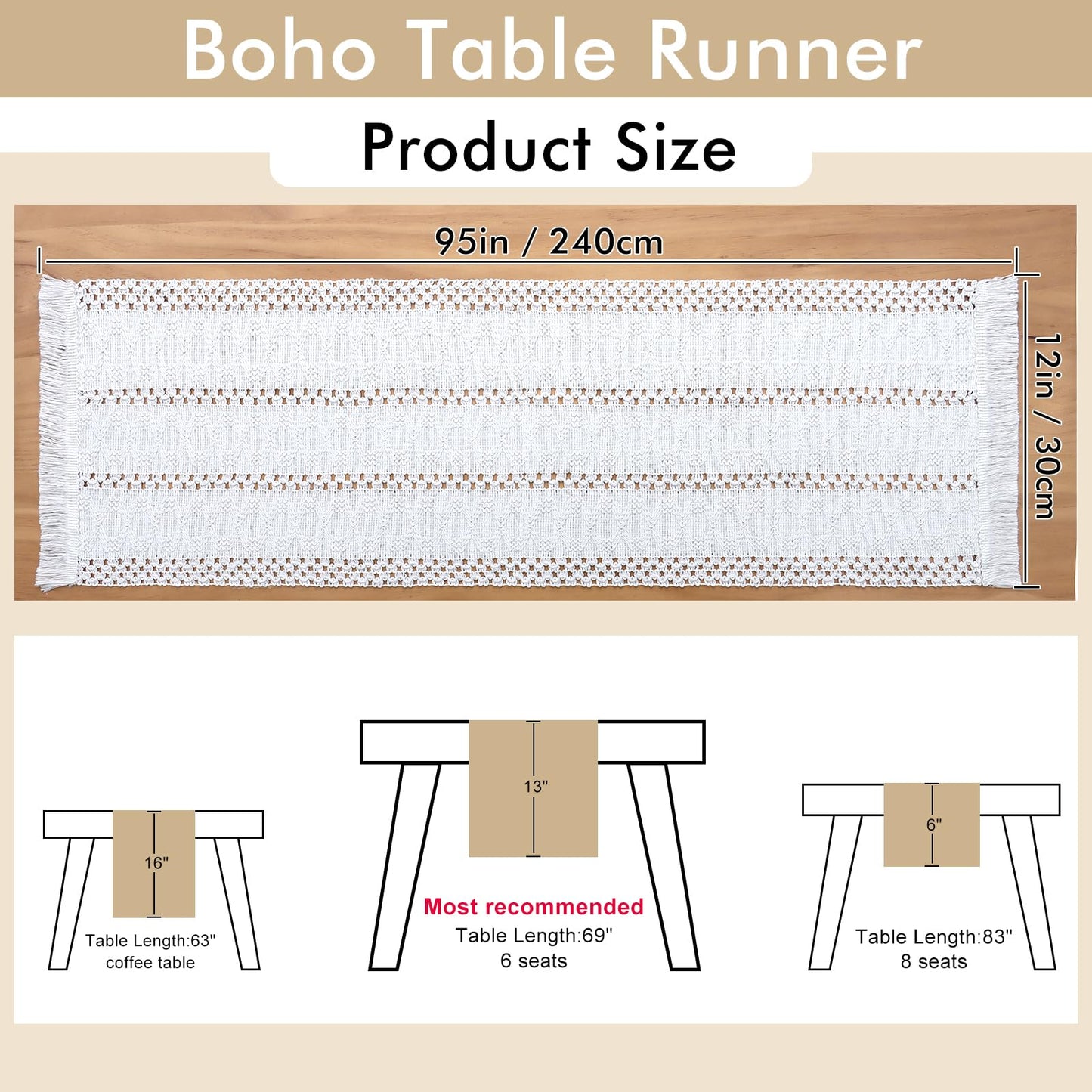 Alynsehom Boho Macrame Table Runner – Hand Woven Cotton, Cream Beige Tassels – Rustic Farmhouse Decor for Dining/Kitchen Table – Available in 6 Sizes!