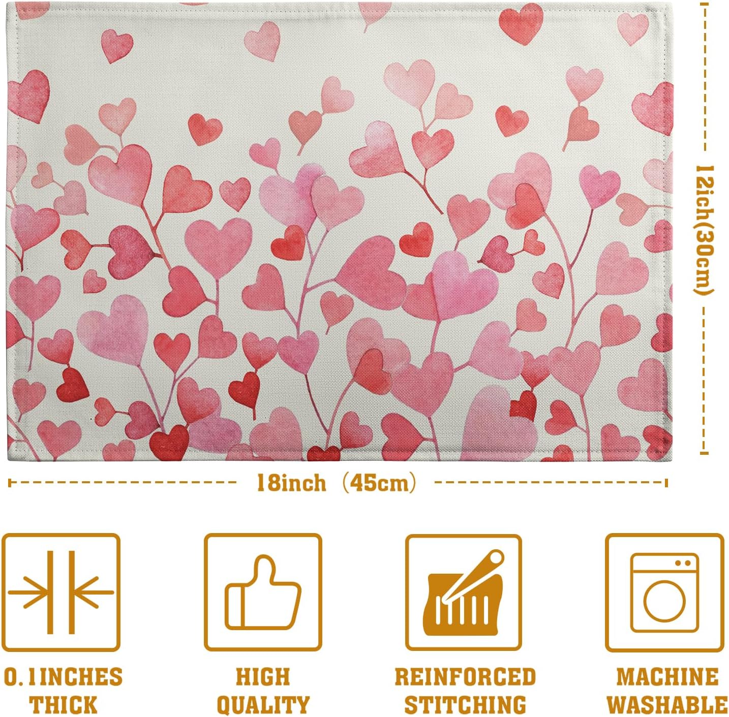 Pink Love Heart Valentine's Day Placemats Set of 4 Valentine Seasonal Holiday Linen Table Mats 12x18 Inch Anniversary Wedding Sweet Romantic Place Mats for Party Kitchen Dining Outdoor Indoor Decor