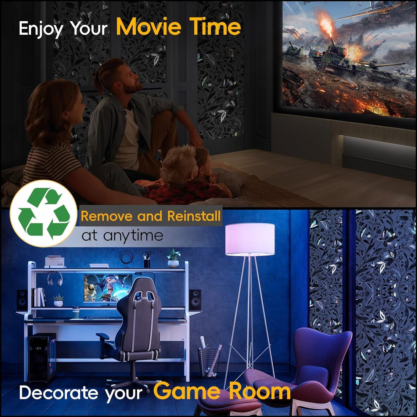 Blackout Window Privacy Film Decorative with Tulip Design, Removable Black Out Tint for Home, 17.5" by 78.74"