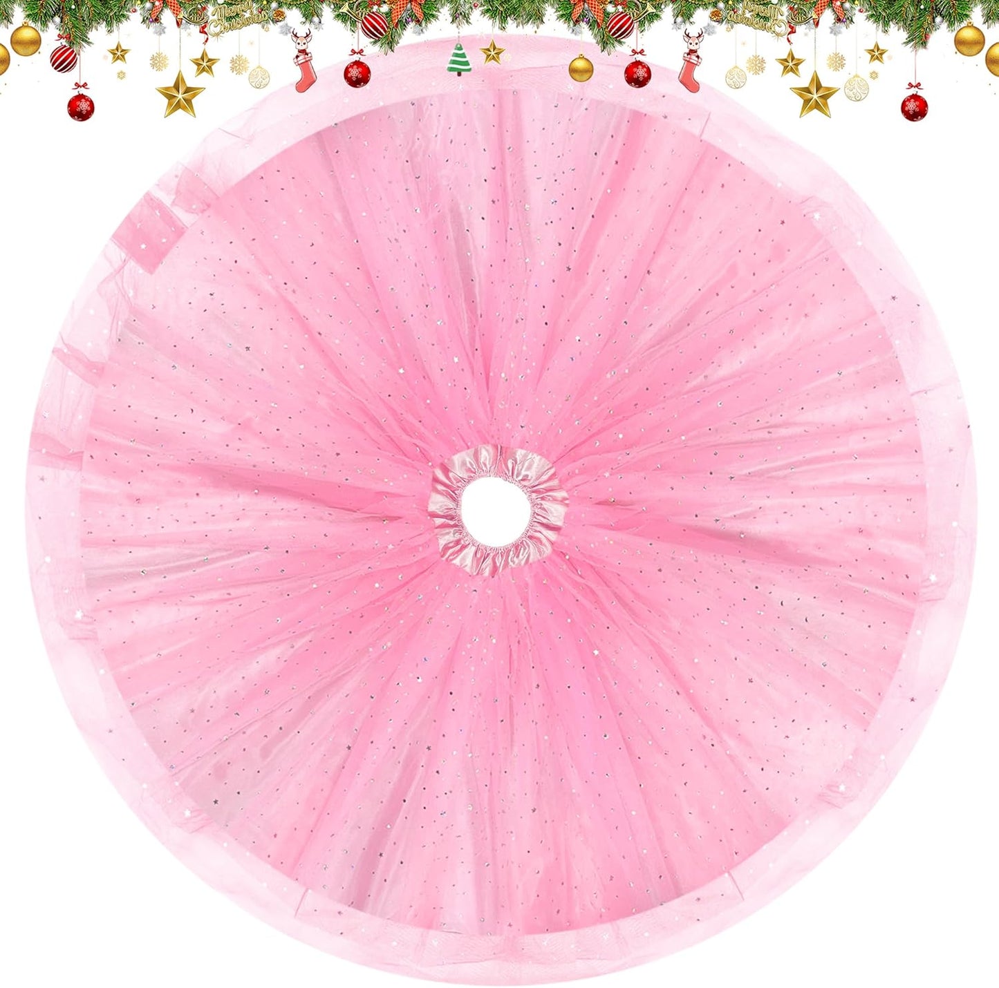 Christmas Wedding Tree Skirt,45 inch 4-Layer Fluffy Romantic Pleated Sparkly Skirt Decoration Xmas Tree Ornament for Holiday and Party(Pink)