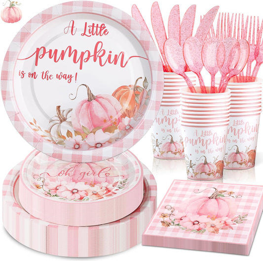 168 Pcs Pink Little Pumpkin Baby Shower Decorations Girl, A Little Pumpkin is on the Way Baby Shower Plates and Napkins Serves 24, Pink Gingham Fall Tableware for Autumn Sweet Girl