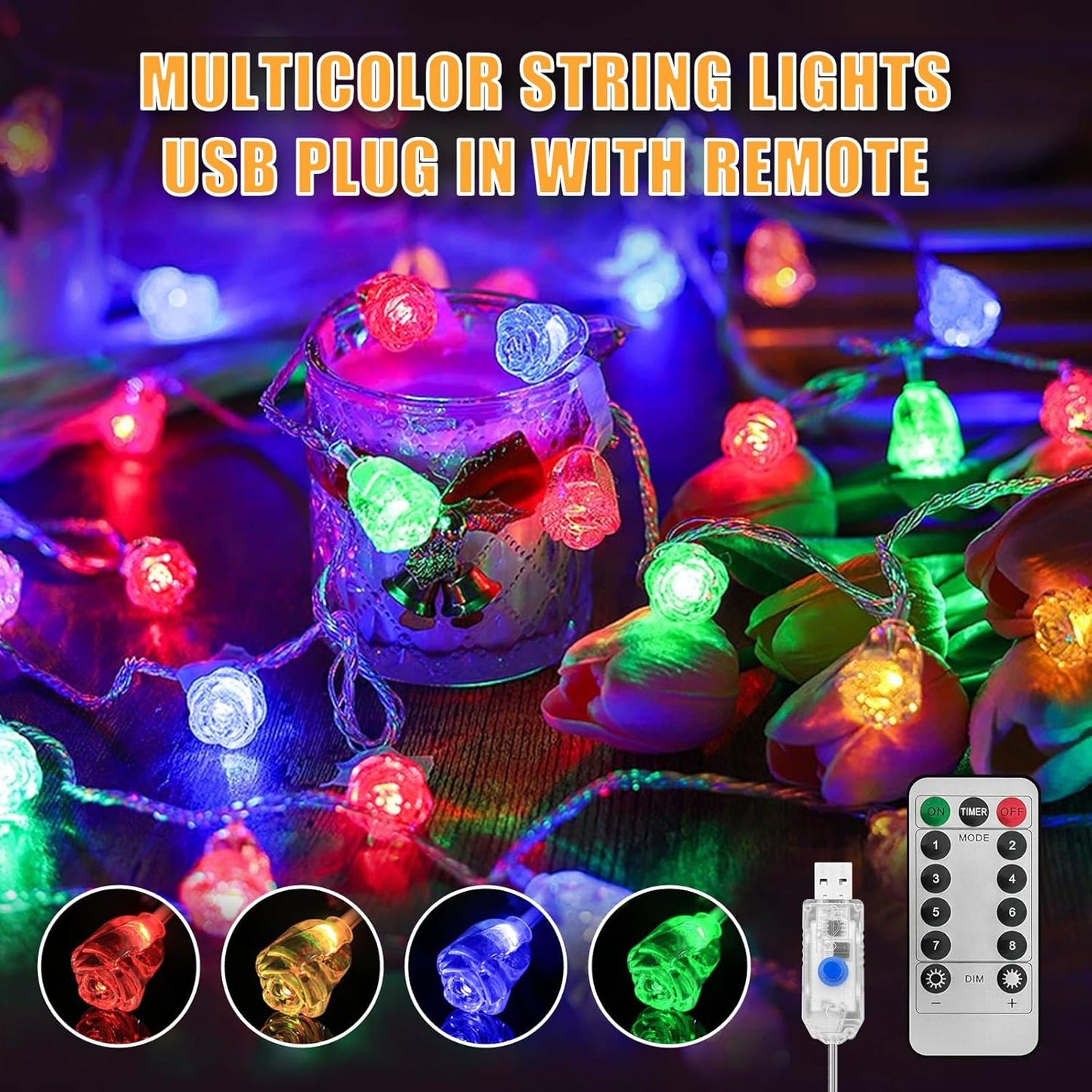 String Lights Indoor, 33Ft 80 LED Rose Flower Lights, 8 Modes Dimmable & Timeable Twinkle Lights, Festival Christmas Decorations for Bedroom Living Room, Multicolor, USB Plug, Remote