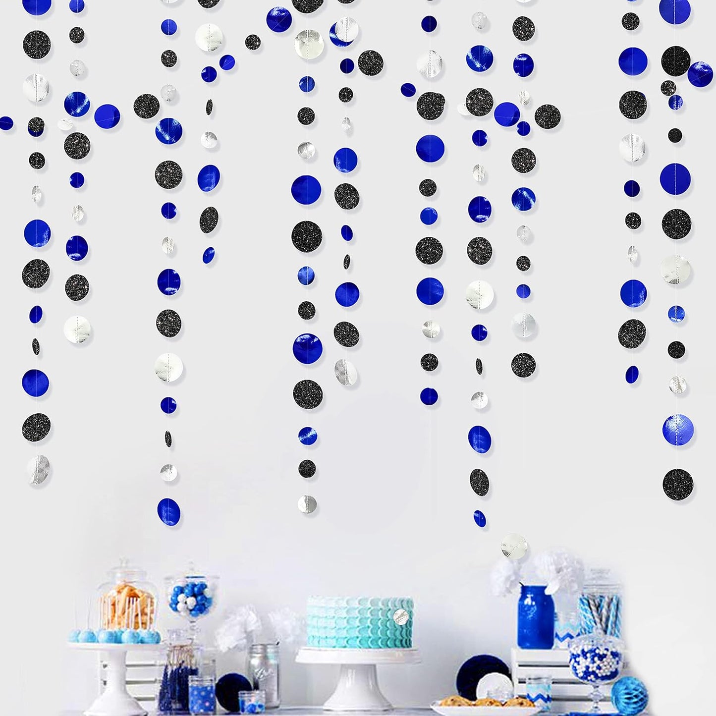 46Ft Navy Blue Black Silver Circle Dots Garland Royal Blue Black Polka Dots Streamer for Birthday Graduations Wedding Bridal Baby Shower Nautical Ahoy Achor Pirate Theme Party Decorations Supplies