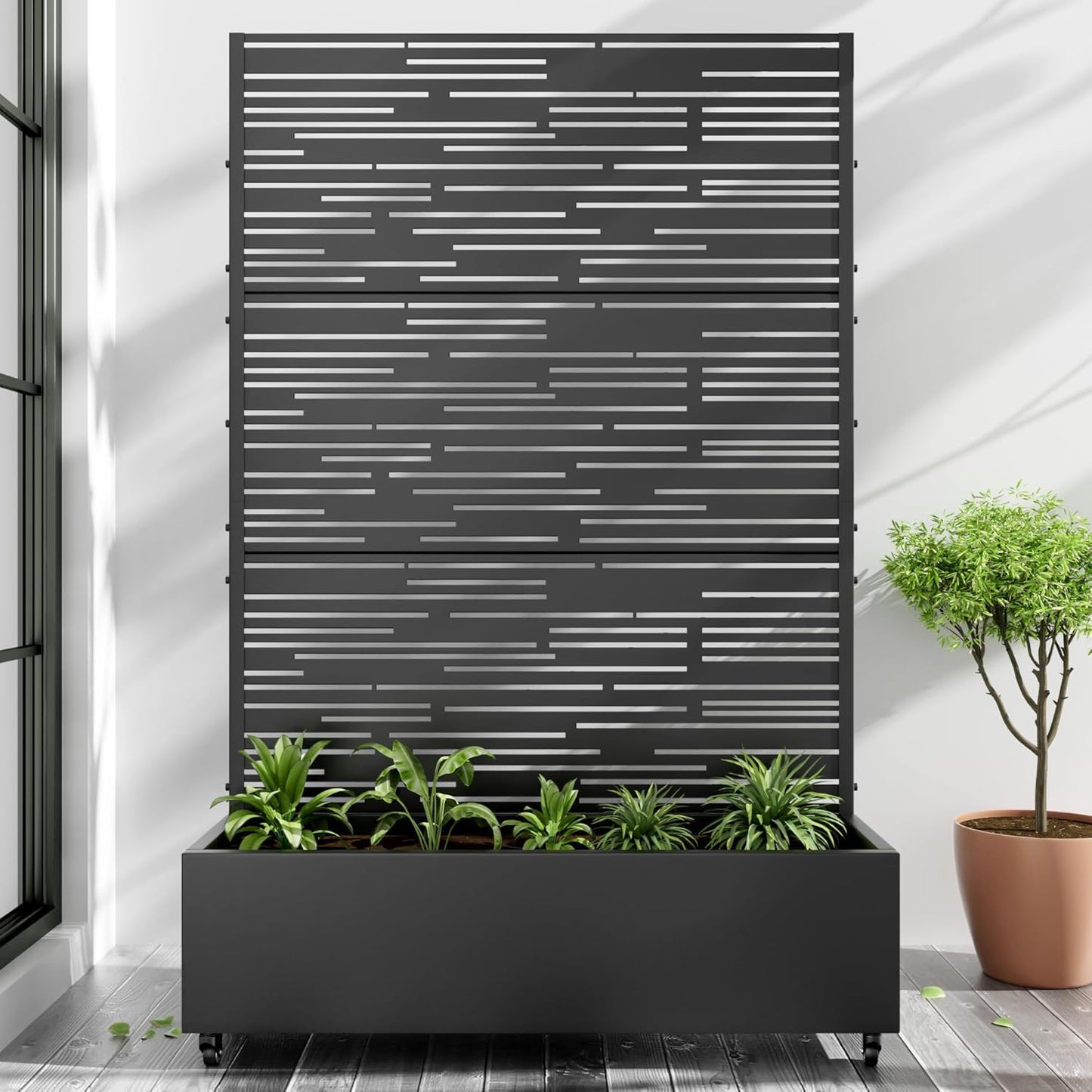 Casaphoria Metal Raised Garden Bed with Trellis and Wheels, 72"x47"x16" Planter Box for Climbing Plants, Vegetables & Vines, Features Drainage Holes and Privacy Screen (Black-Shine)