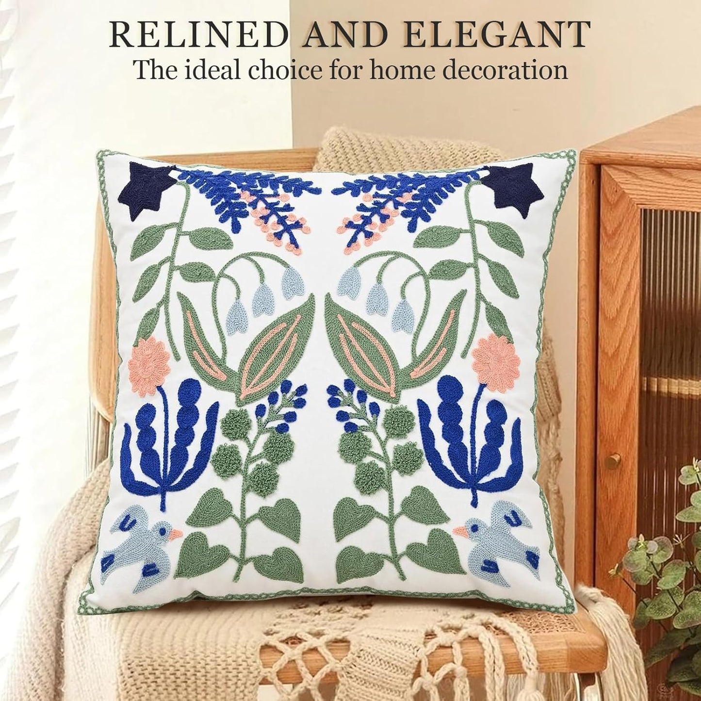 Embroidered Throw Pillow Case Spring Romantic Flower Cushion Cover Farmhouse Woven Printed Pillowcase for Living Room Sofa Floral Breeze