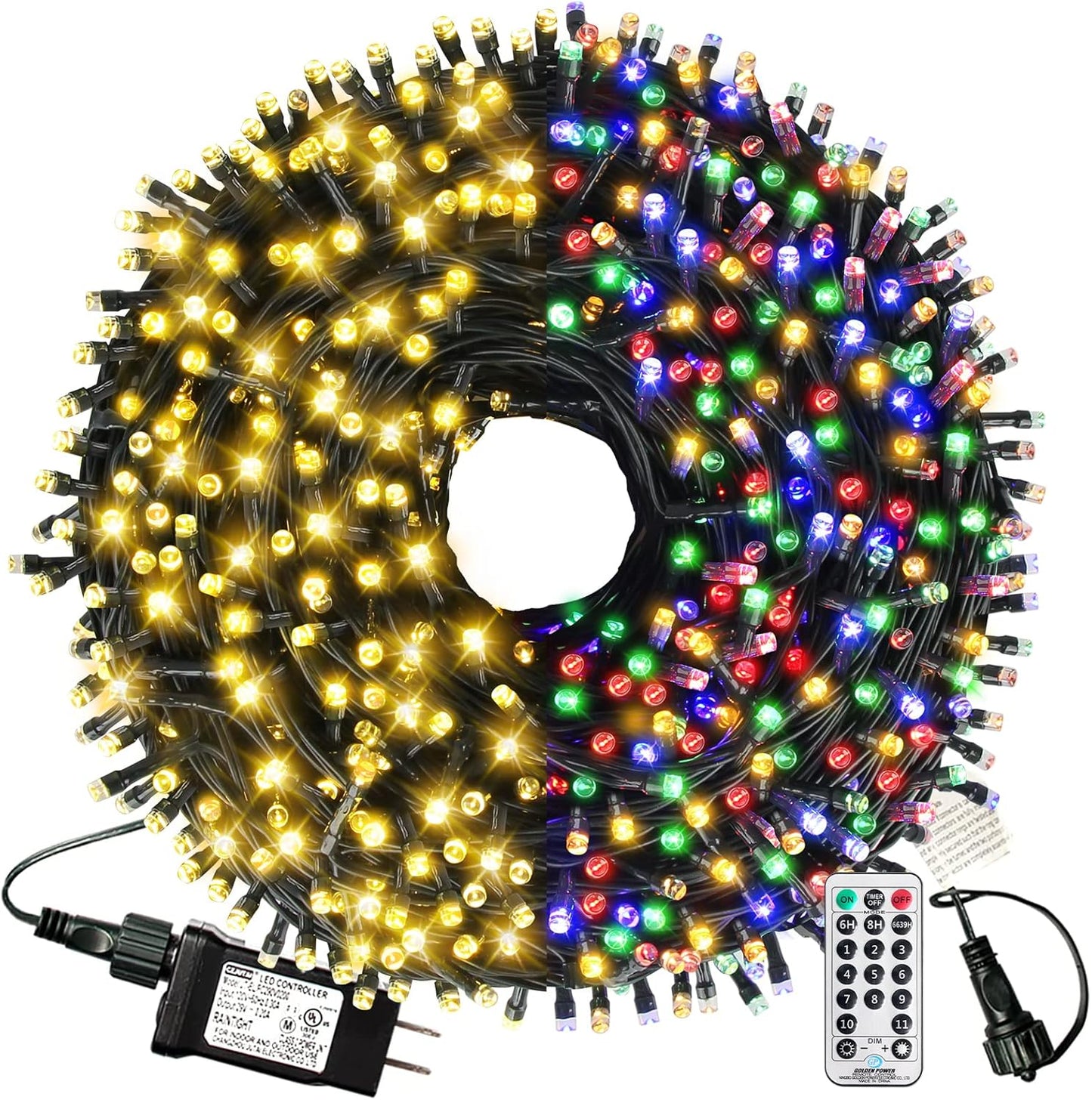 XTF2015 170ft 500 LED Christmas Lights Outdoor, 3 in 1 Color Changing Christms Tree Lights with 11 Modes and Remote for Outdoor Indoor Decor (Warm White & Multicolor & Combination) (170FT)