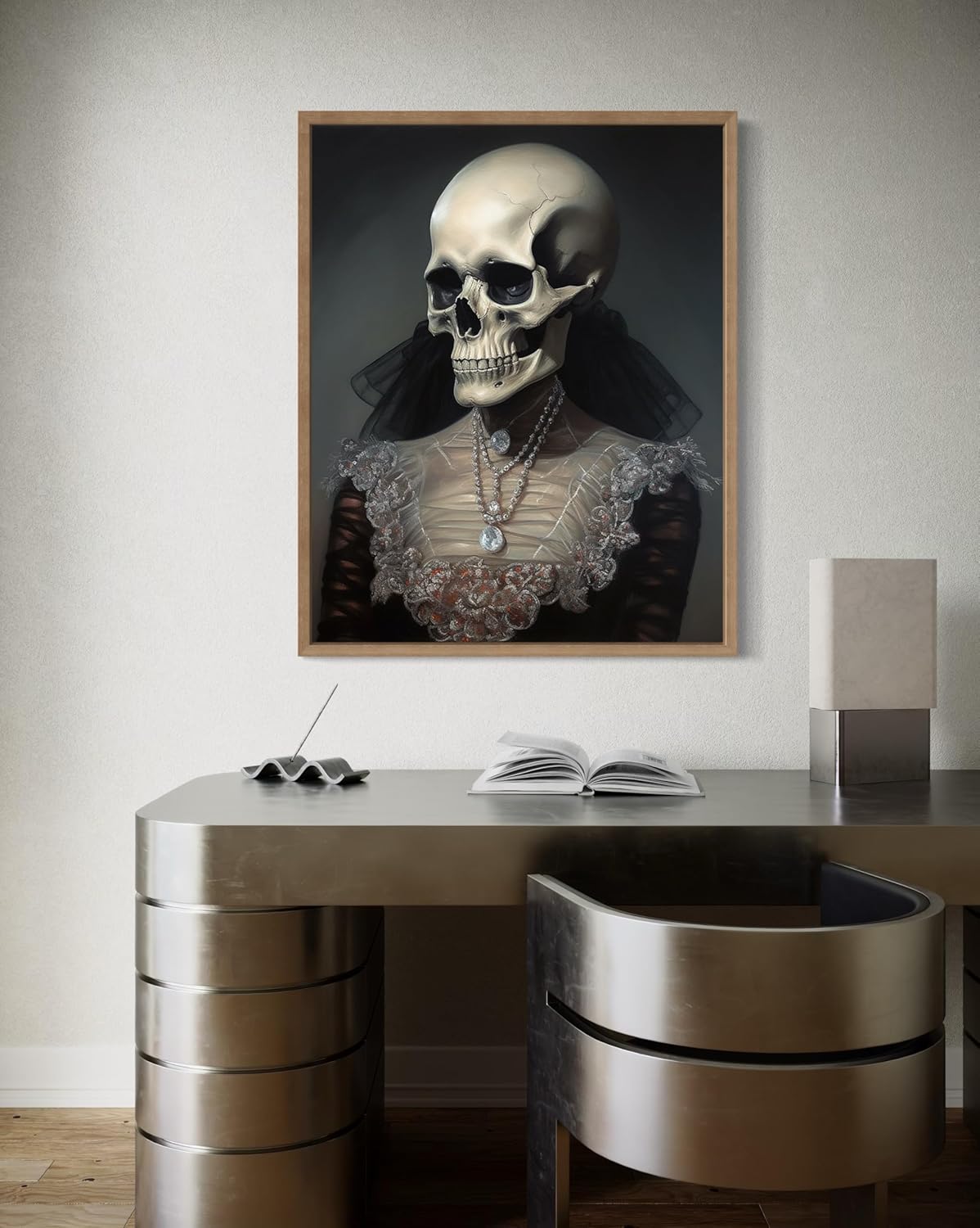 Female Skull Poster Art Print, Halloween Scary Vintage Wall Art Academia Spooky Painting Decoration for Horror Prints, Gothic Posters Bedroom Decor 89 (Female Skull, 16 x 20 inches, Wood Frame)