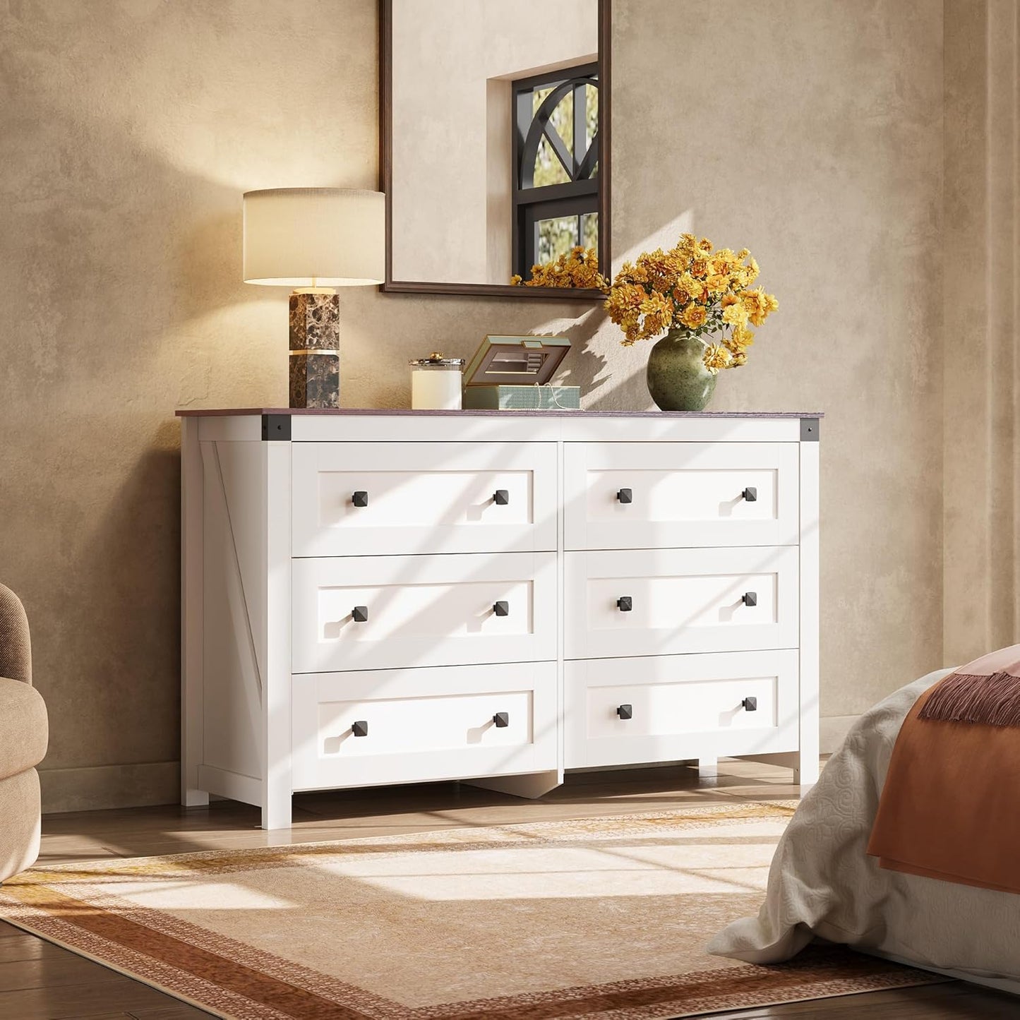 WLIVE Farmhouse 6 Drawer Dresser for Bedroom, 53.07'' Wide Wood Dresser, White Dressers Storage Organizer with Double Rustic Handle, TV Stand for 60 inch TV, Chest of Drawers for Living Room, Hallway