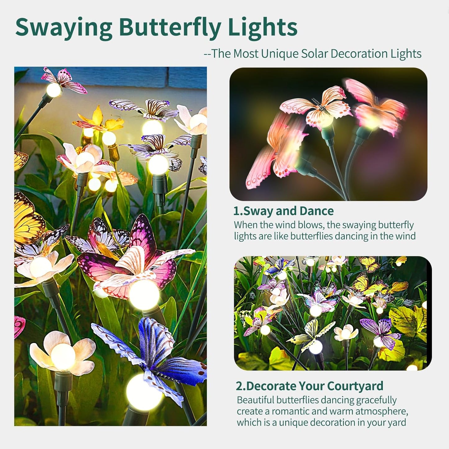 Solar Garden Lights,2packs-16LED,Outdoor Solar Powered Decor for Yard, Patio, Pathway, IP65 Waterproof Butterfly Lights
