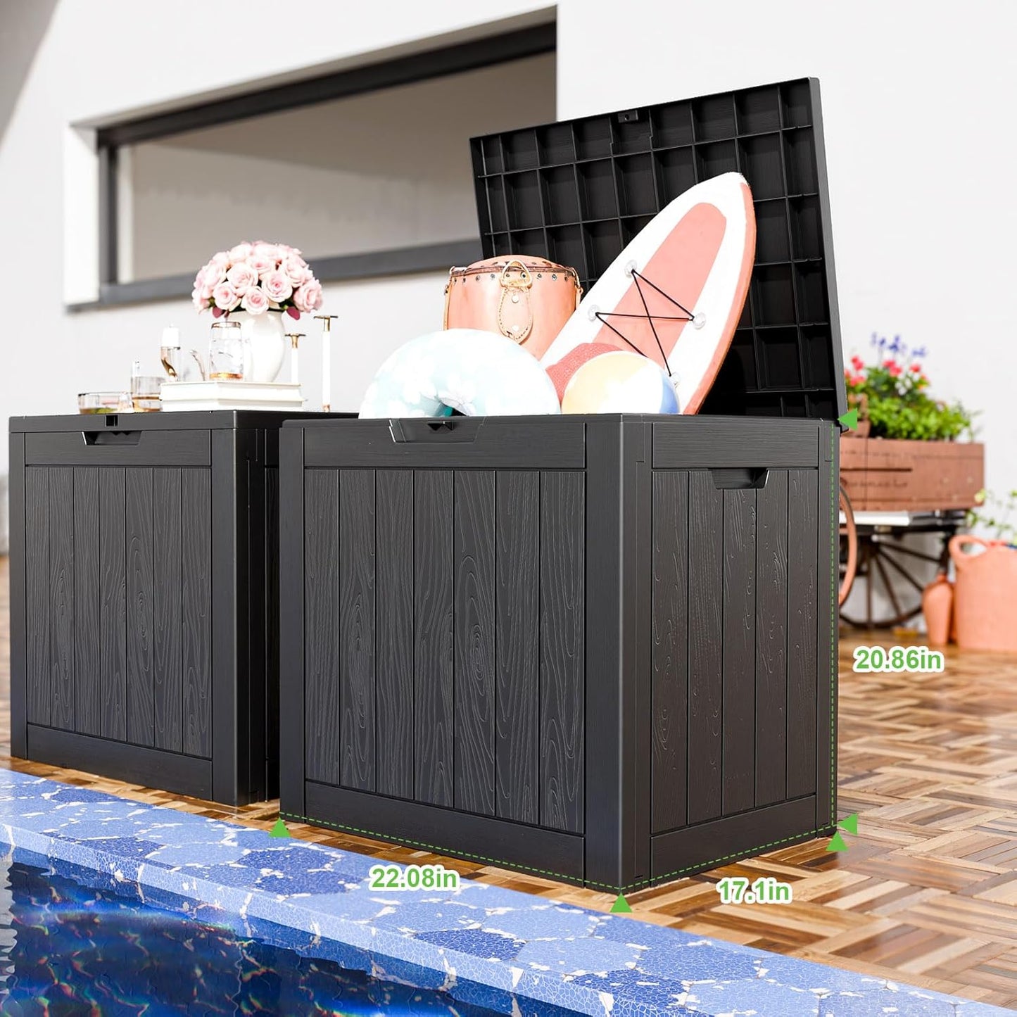 30 Gallon Outdoor Deck Box,Storage Lockable Waterproof Patio Furniture,Garden Tools,Cushions,Pool Accessories Outside Storage Resin Box(Black)