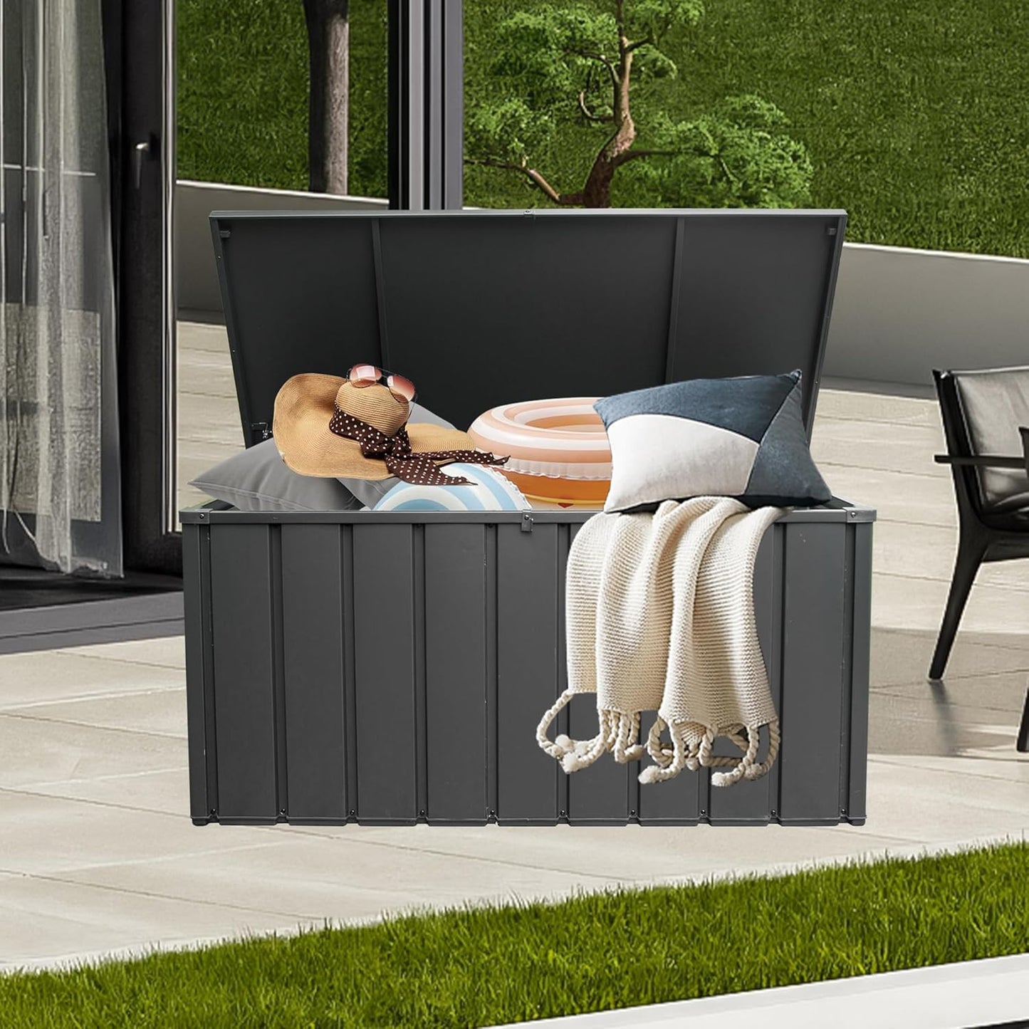 Domi 160 Gallon Deck Box, Outdoor Metal Lockable Storage Cabinet, Waterproof Steel Outdoor Bench with Lockable Lid, Side Handles & Rolling Casters for Outside Cushions, Pillows, Garden Tools, Grey
