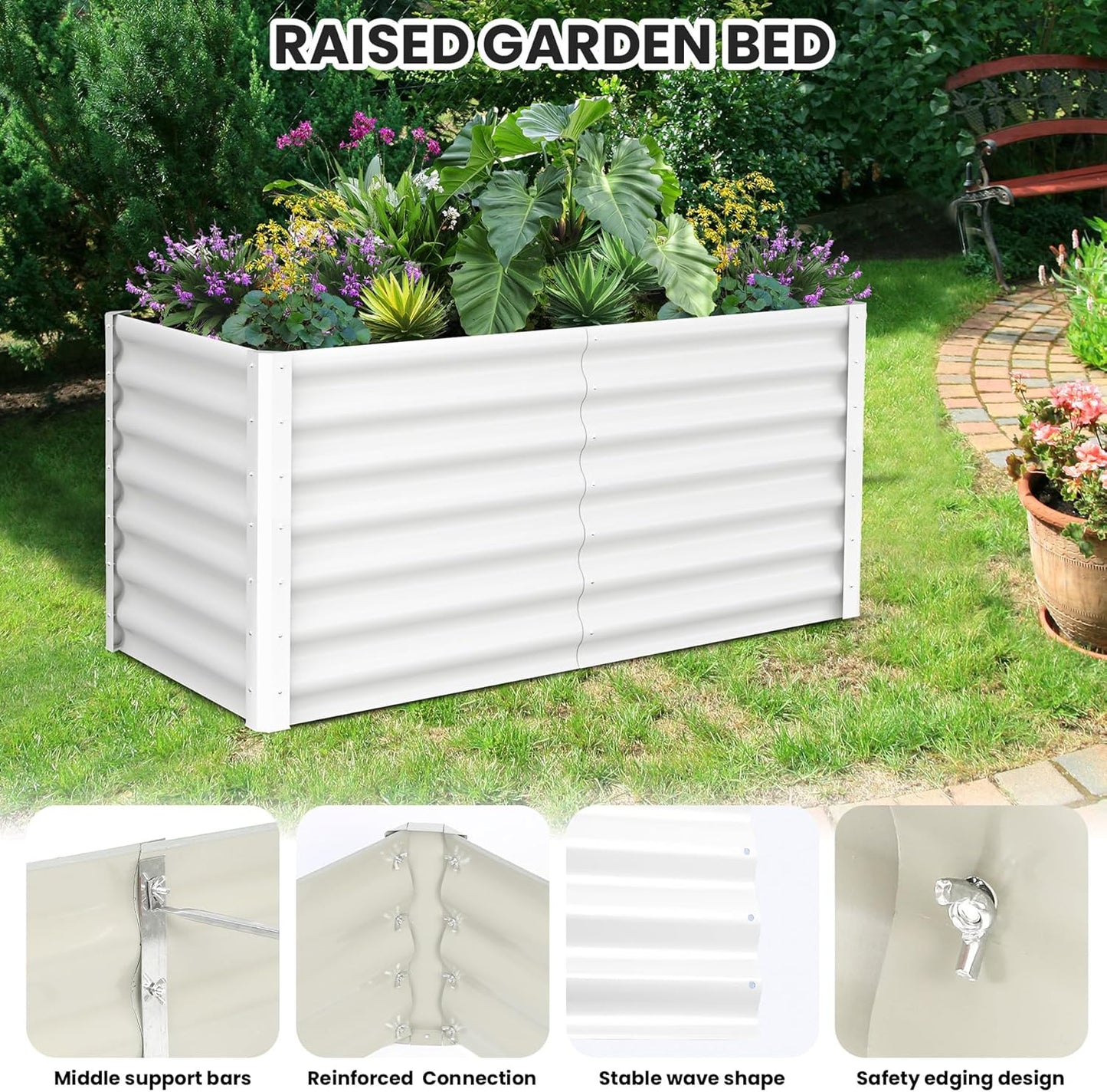 Galvanized Raised Garden Bed Outdoor, 2 Pcs 6x3x2FT Outdoor Large Planter Raised Beds Open Base with Safety Edge and Glove for Vegetables Flowers Ground Planter, White