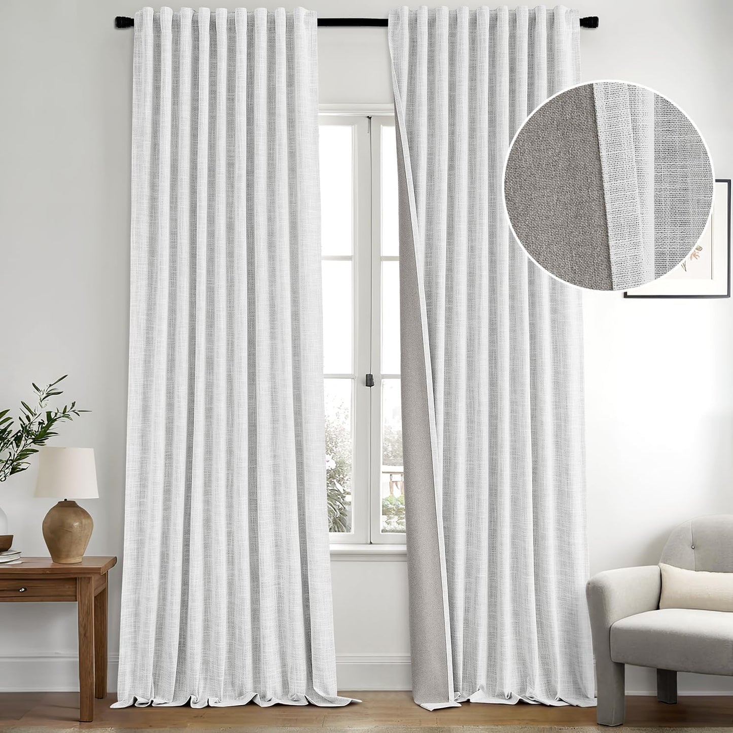 MIULEE Greyish White 100% Blackout Linen Curtains 102 Inch 2 Panels Set Double Sided No Coating Pinch Pleated Back Tab Floor to Ceiling Black out Thermal Insulated Bedroom Living Room Darkening Drapes