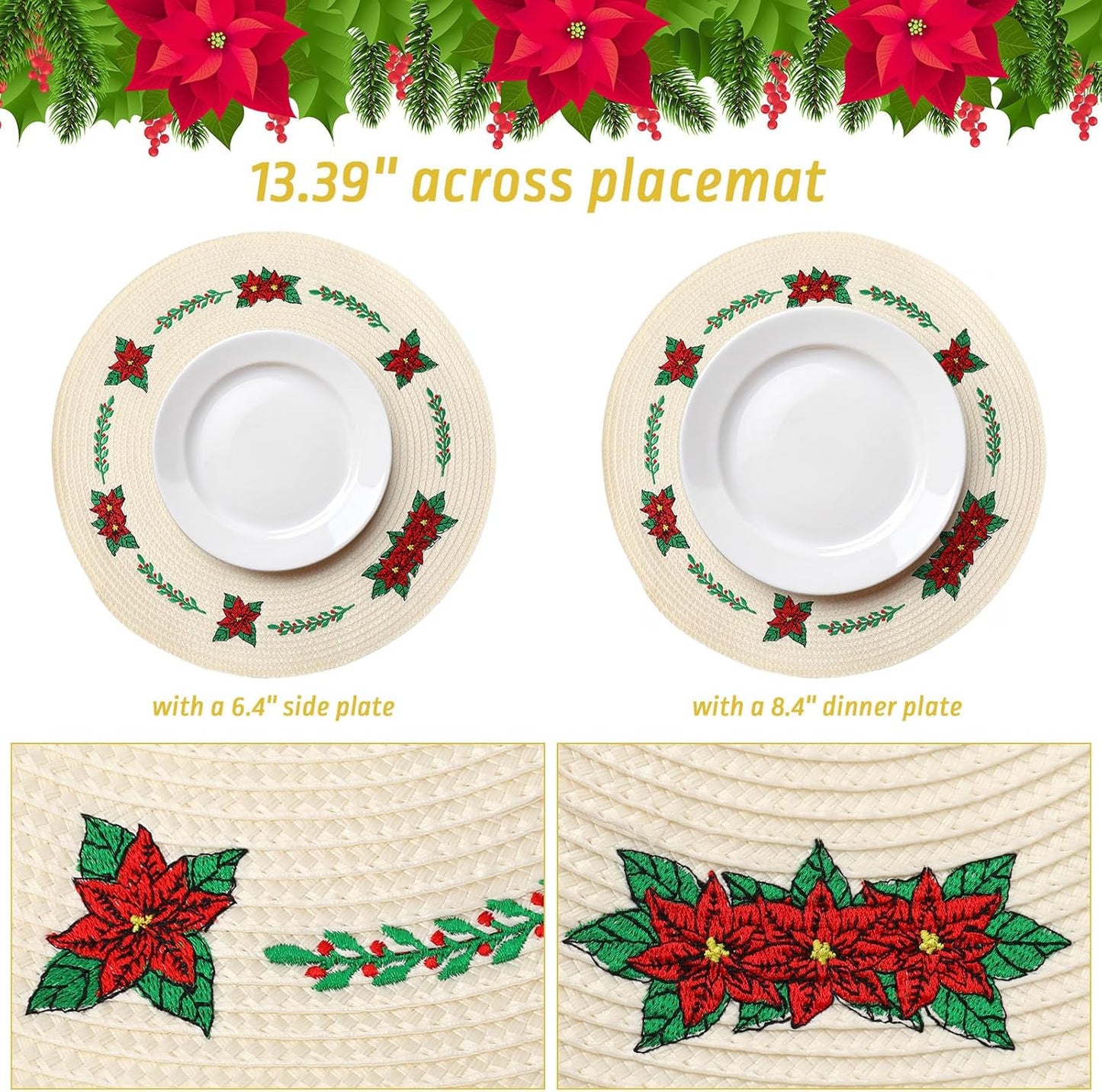 Whaline 4Pcs Round Christmas Flower Placemats Embroidered Xmas Poinsettia Place Mats Decorative Dinner Table Mats for Holiday Party Decor