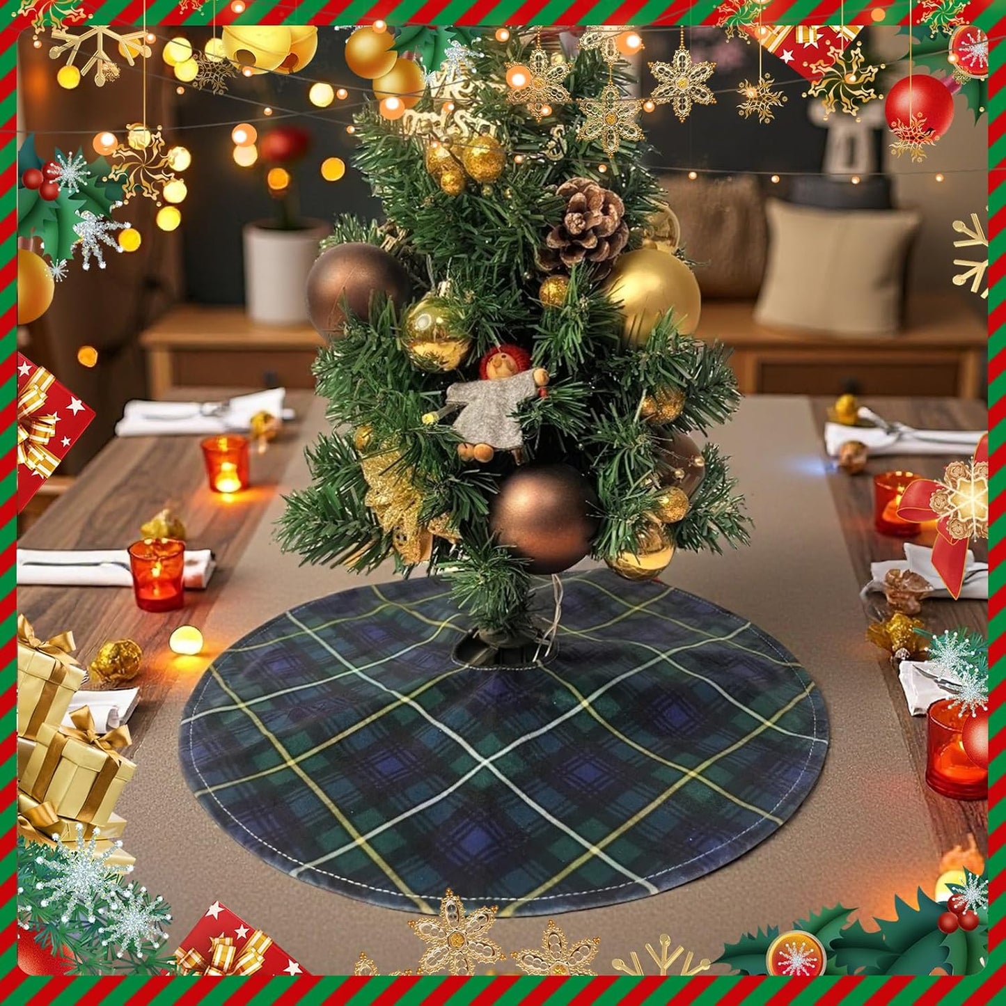Mini Christmas Tree Skirt 15 Inch – Campbell Clan Tartan Navy Blue and Green Plaid Tree Mat for Small, Pencil, or Desktop Xmas Trees, Scottish Holiday Decor for Desk, Office, Shelf, or Compact Space