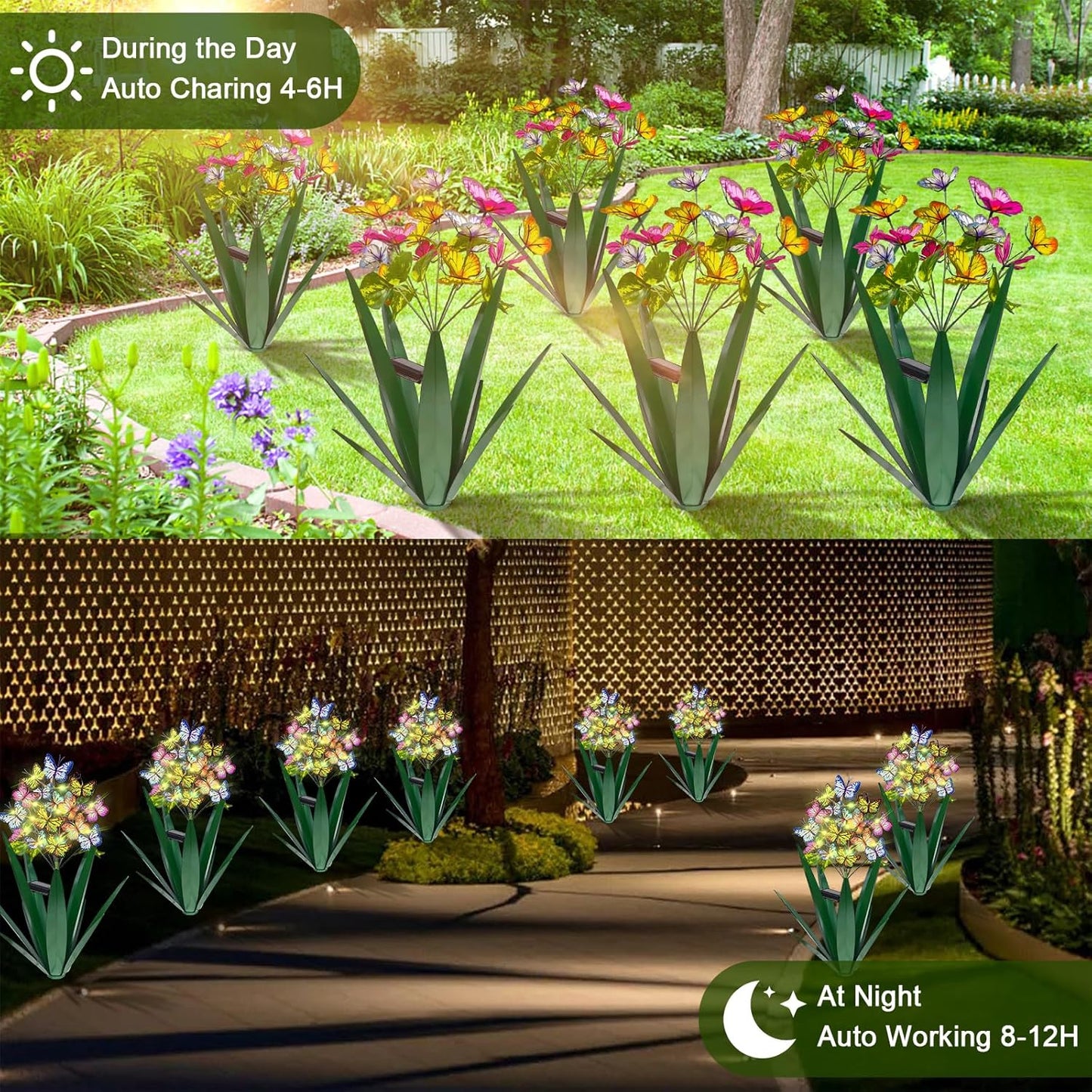 Homight Solar Metal Agave Butterfly Flower Stick Garden Sculpture - Outdoor Christmas Lights With Swaying Butterfly Sunflower - Solar Outdoor Gift (3 PCS Green)