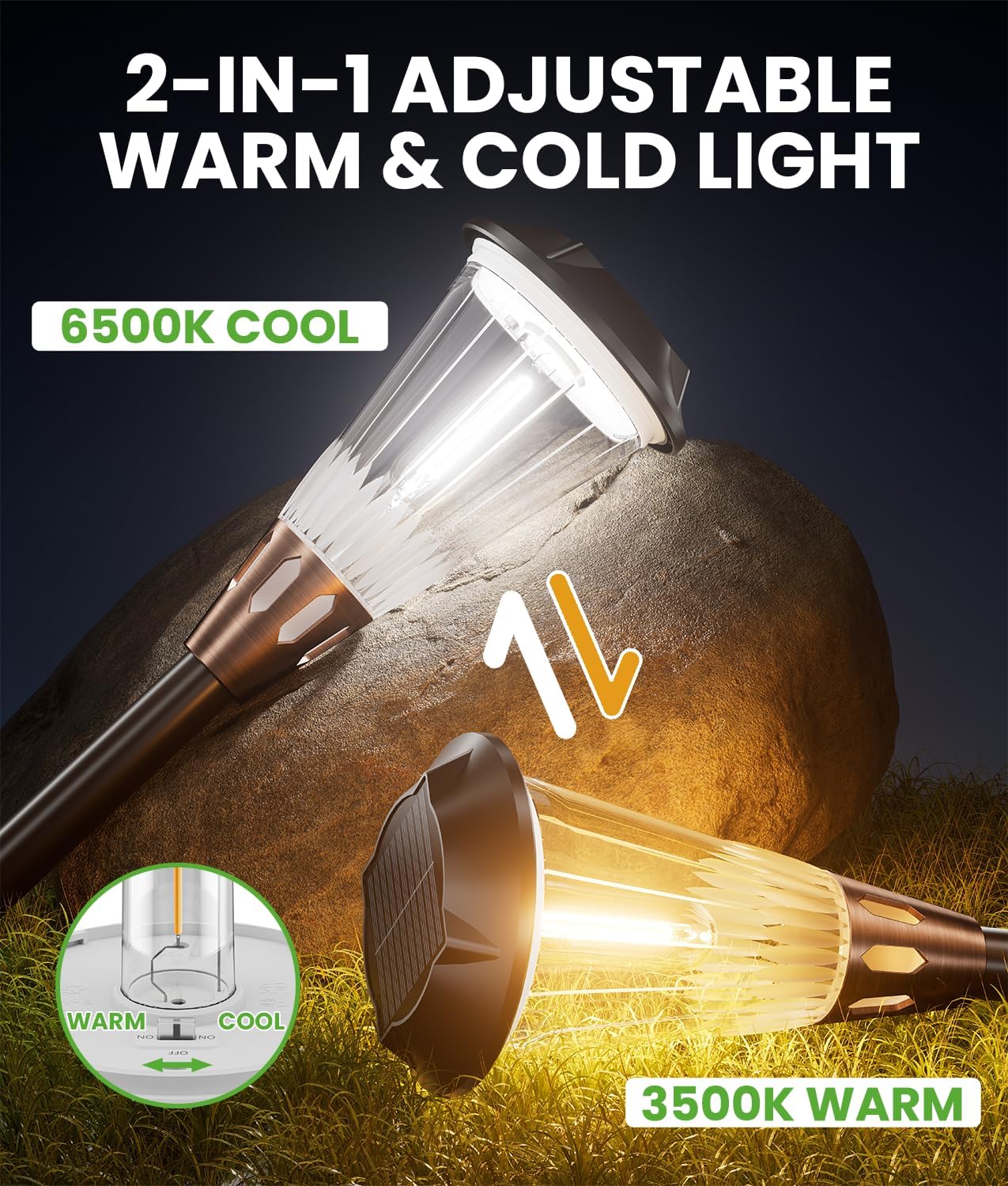 2-in-1 Warm&Cool Solar Pathway Lights Outdoor, 2 Pack Solar Garden Lights Waterproof IP65, Auto On/Off Outdoor Light for Yard Garden Walkway Landscape Lighting