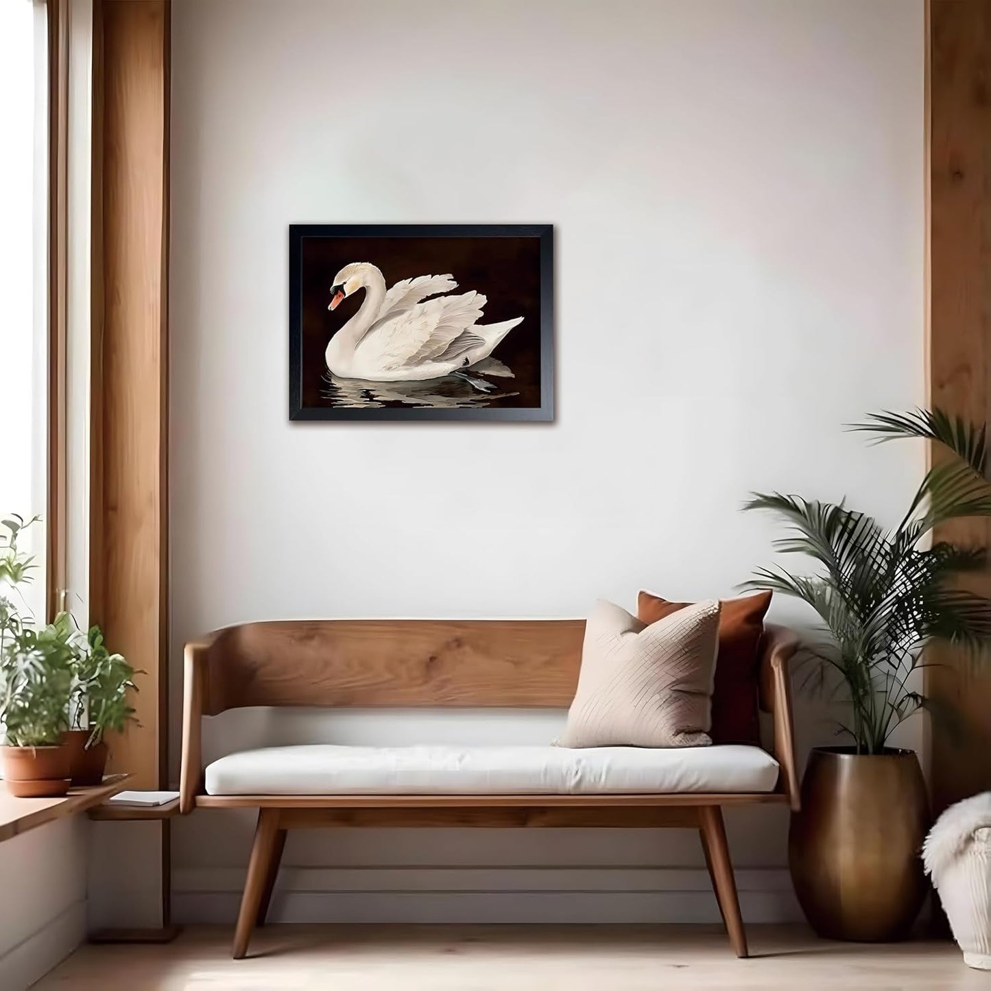 Black Wood Framed Wall Art Canvas Print Home Decor, Vintage Swan Aesthetic Wall Decor Photo, Classical Grace Swan Bathroom Prints Painting for Living Room Bedroom Office Decor 12x16 Inch
