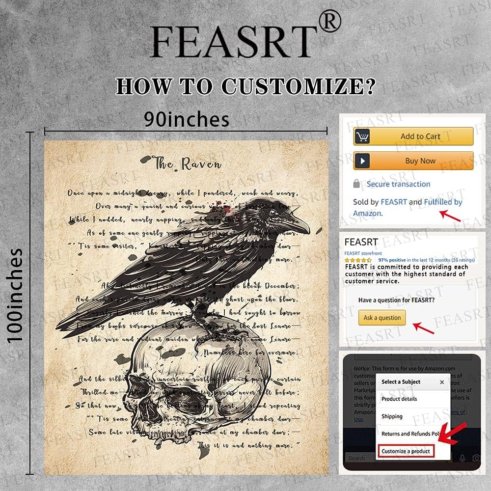 The Raven Tapestry Gothic Skull and Raven Dictionary Tapestry, Large 90x100 Inches Soft Flannelette, Ancient Raven Hymn Poster for Home Dorm GTQQAY1547