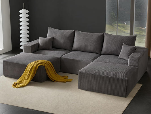 Boneless Sectional Cloud Couch Sofa for Living Room, 112" U-Shaped Modular Modern Lounge Sleeper Grey Couches with Chaise, No Assemble, Cordury Compression Upholstered Sofas