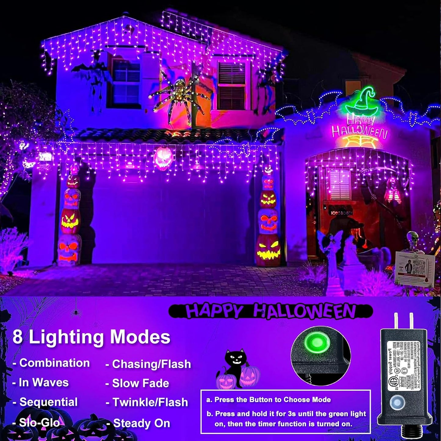 640 LED Purple Halloween Lights Outdoor, 66FT Icicle Lights for Outside with 8 Modes 120 Drops, Waterproof Plug in String Curtain Light for Indoor House Room Patio Party Decorations