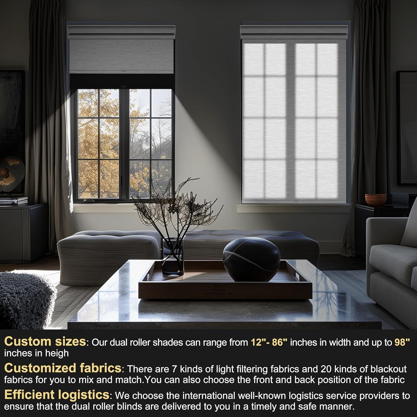 BERISSA Cordless Dual Roller Shades with Cassette Valance, Double Window Shades - Blackout and Light Filtering, Day and Night for Home Office Door. Linen Black and White. 34 W x 86" H