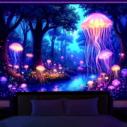 Manicer Blacklight Jellyfish Forest Tapestry – UV Reactive Fantasy Underwater Jellyfish in Enchanted Forest, Glow in the Dark Neon Nature Art Wall Hanging for Bedroom, Living Room – 51.2" x 59.1"