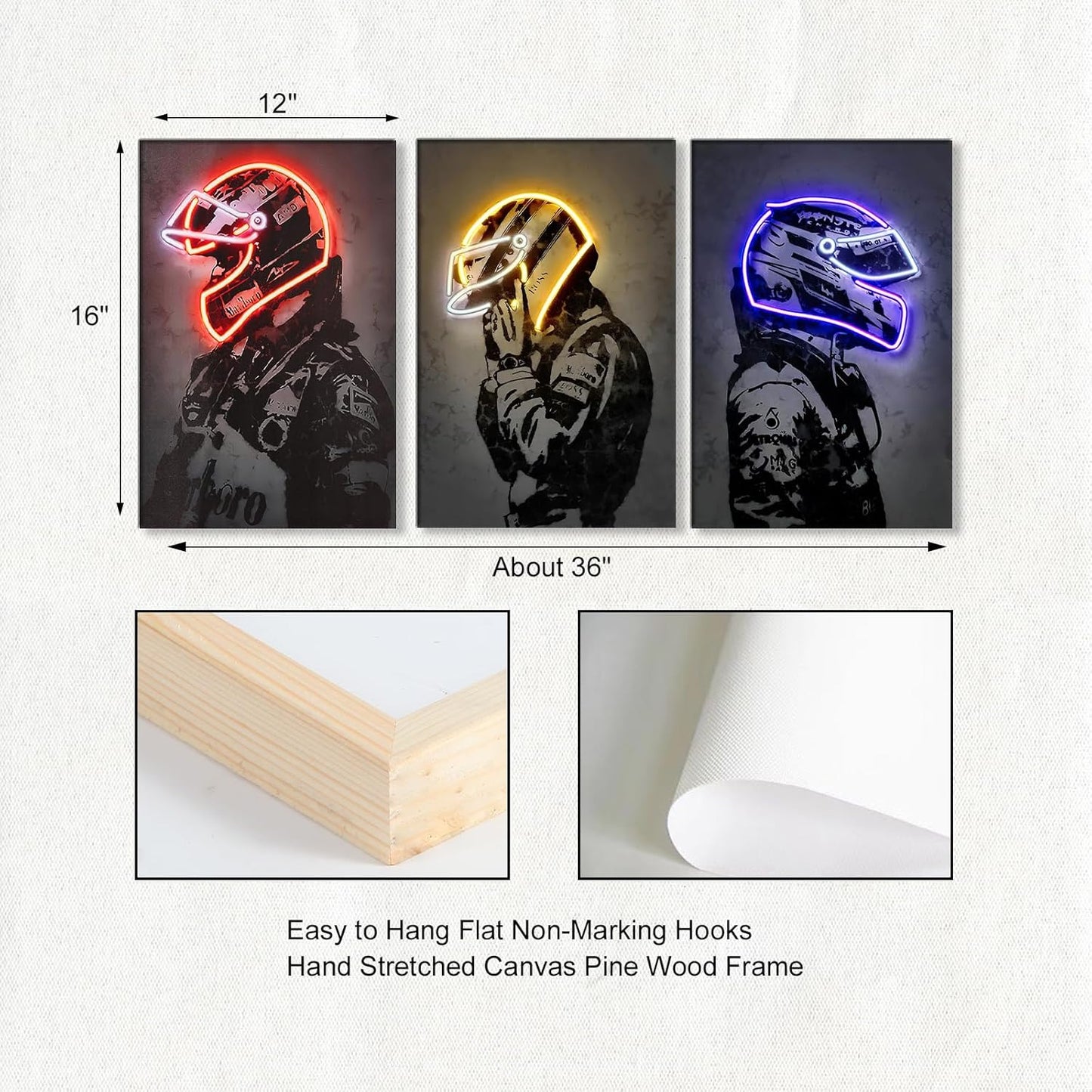 Sorventina Racing Superstar Wall Decor Canvas Prints- 3pcs Set Sports Painting Art Decor, Neon Racing Driver and Motorcycle Wall Art for Bedroom Living Room Home Decor, Wrap Framed(colorful, 12x16)