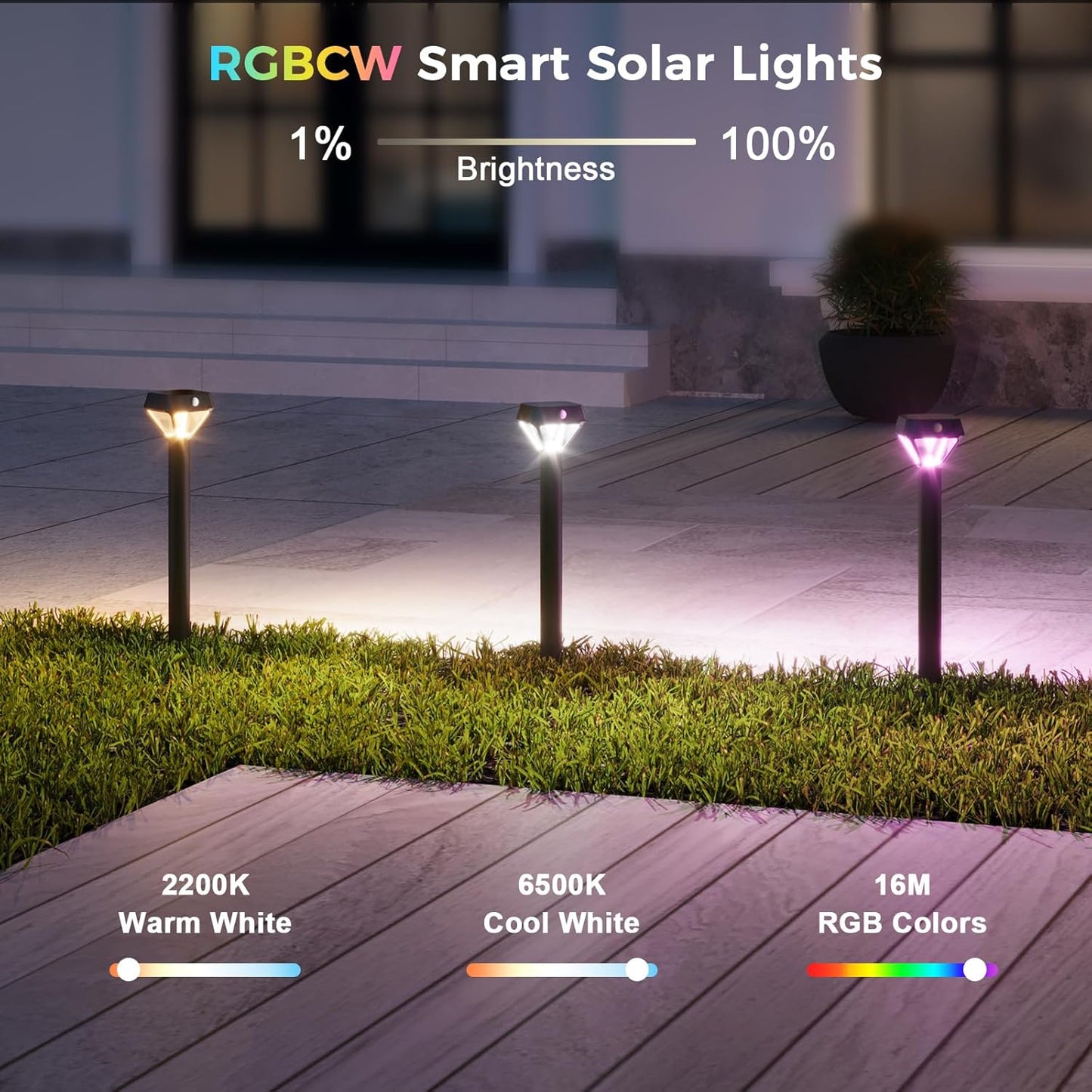 XMCOSY+ Smart Solar Lights Outdoor with Motion Sensor, 150LM APP Control RGBCW Color Changing Garden Lights Solar Powered for Yard Pathway Landscape, Waterproof, 2 Pack