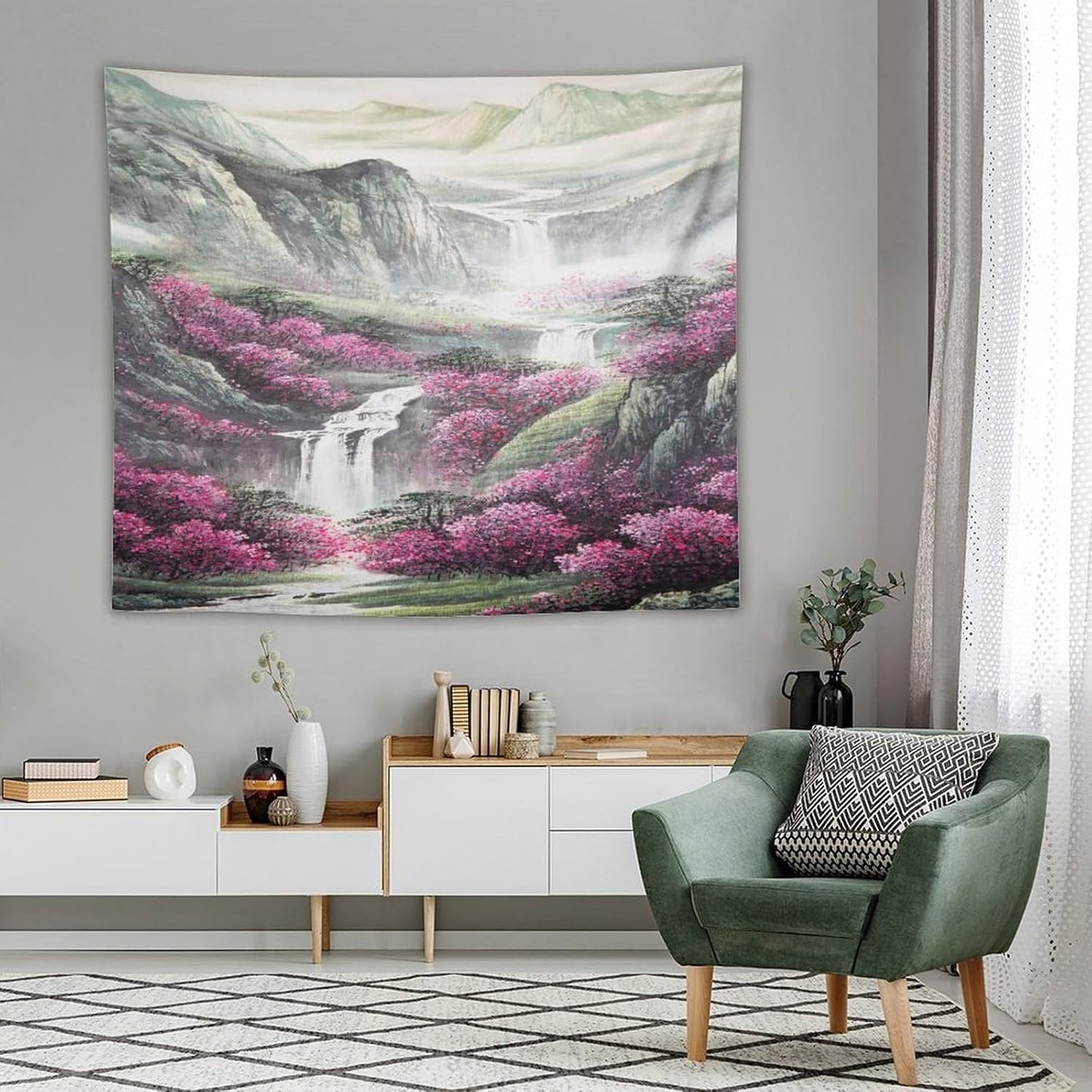 Japanese Tapestry, Red Plum Blossom Mountain Tapestry, Asian Japanese Wall Tapestry, Nature Landscape Tapestries for Bedroom Living Room Decor 60"x50"
